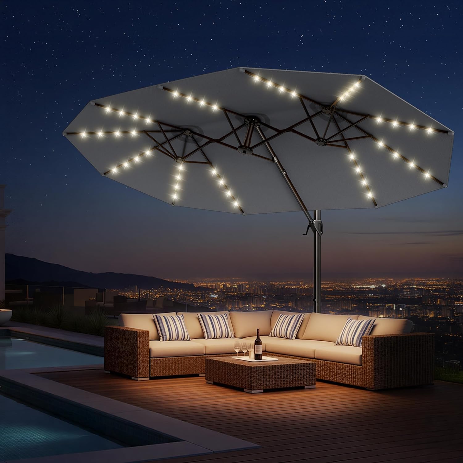 HY41LBO 15FT Cantilever Double Sided Patio Umbrella with Base, 360° Rotation Solar LED Large Offset Umbrella