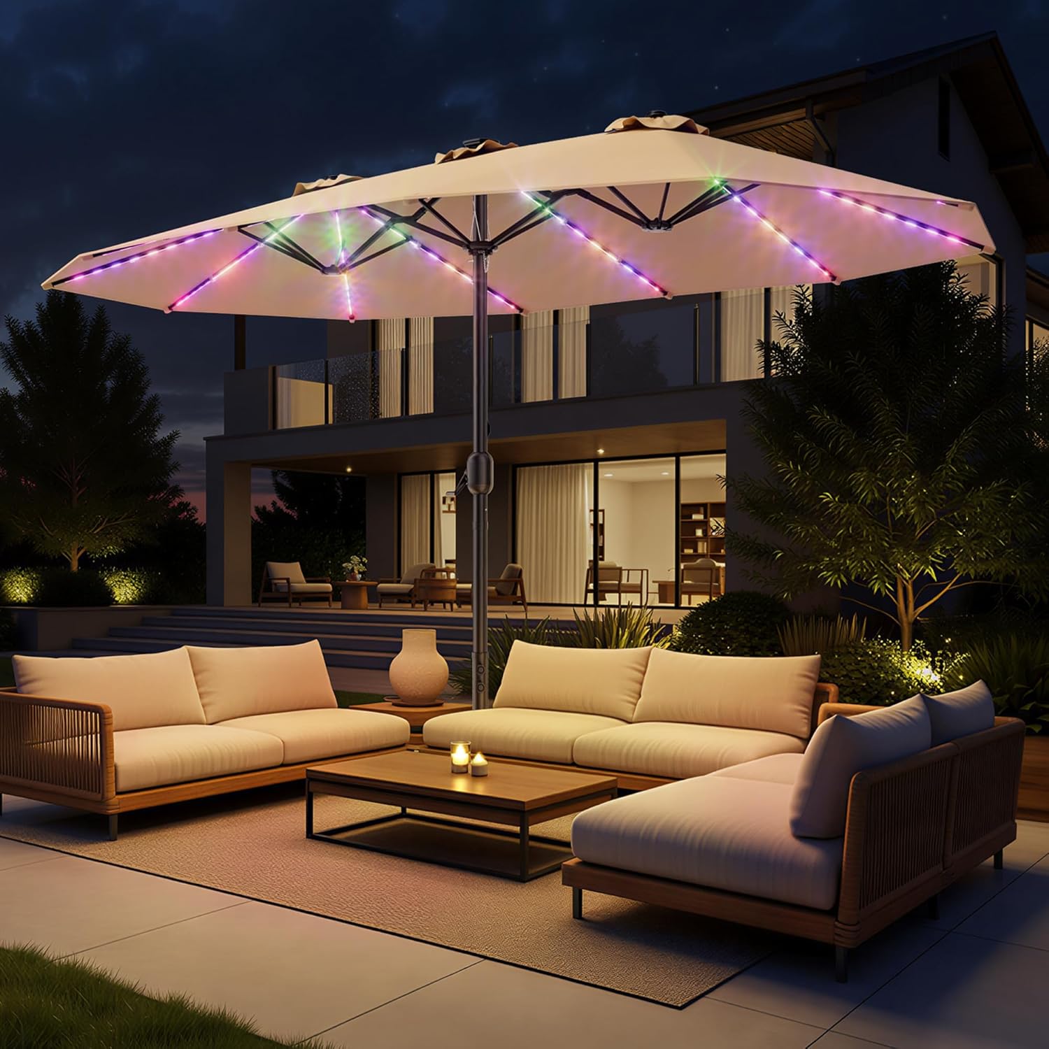 HY41LCB Double Sided Patio Umbrella with Base, 15ft RGB Multi-Color Large Outdoor Umbrella