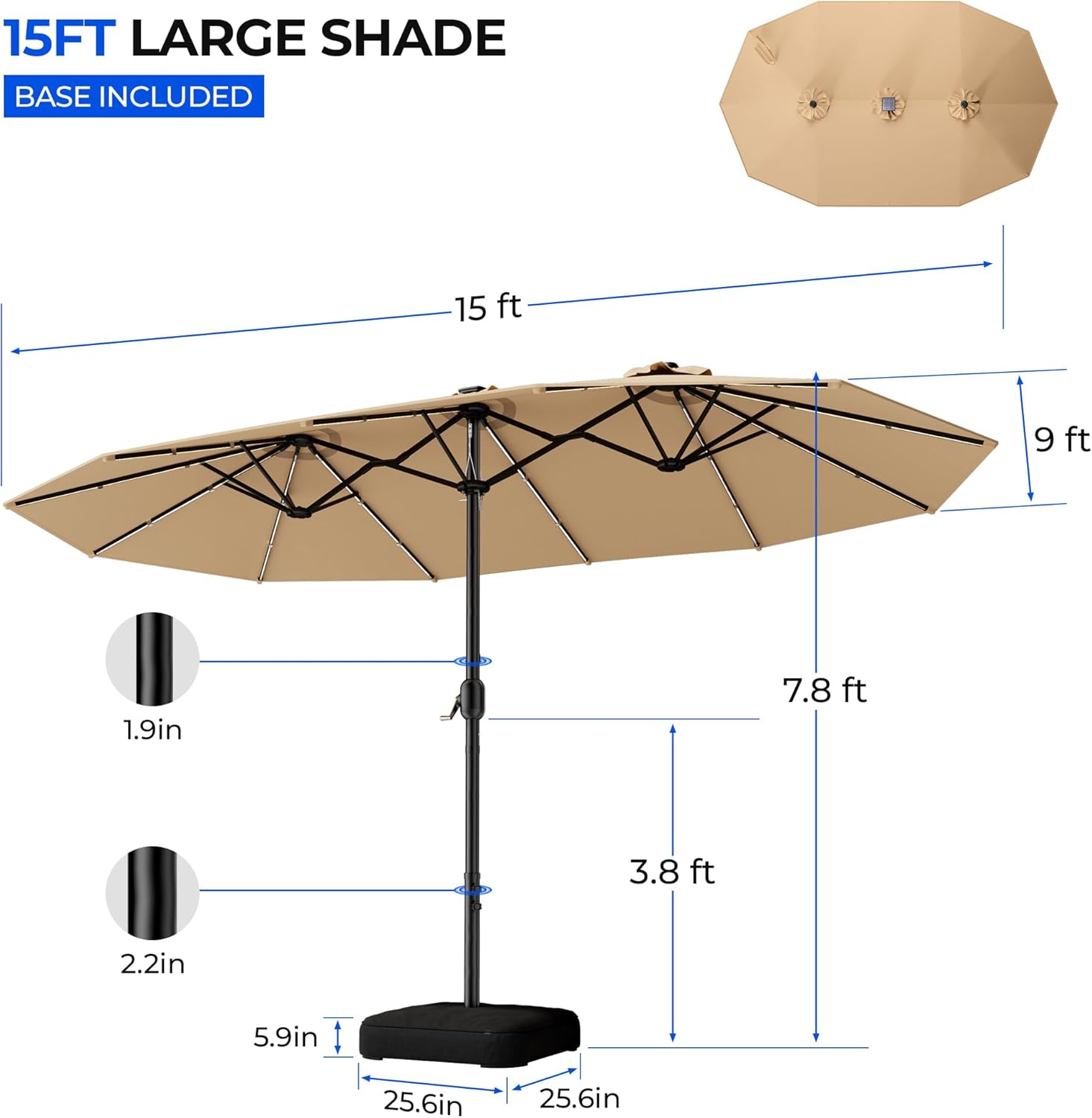 HY41LCB Double Sided Patio Umbrella with Base, 15ft RGB Multi-Color Large Outdoor Umbrella