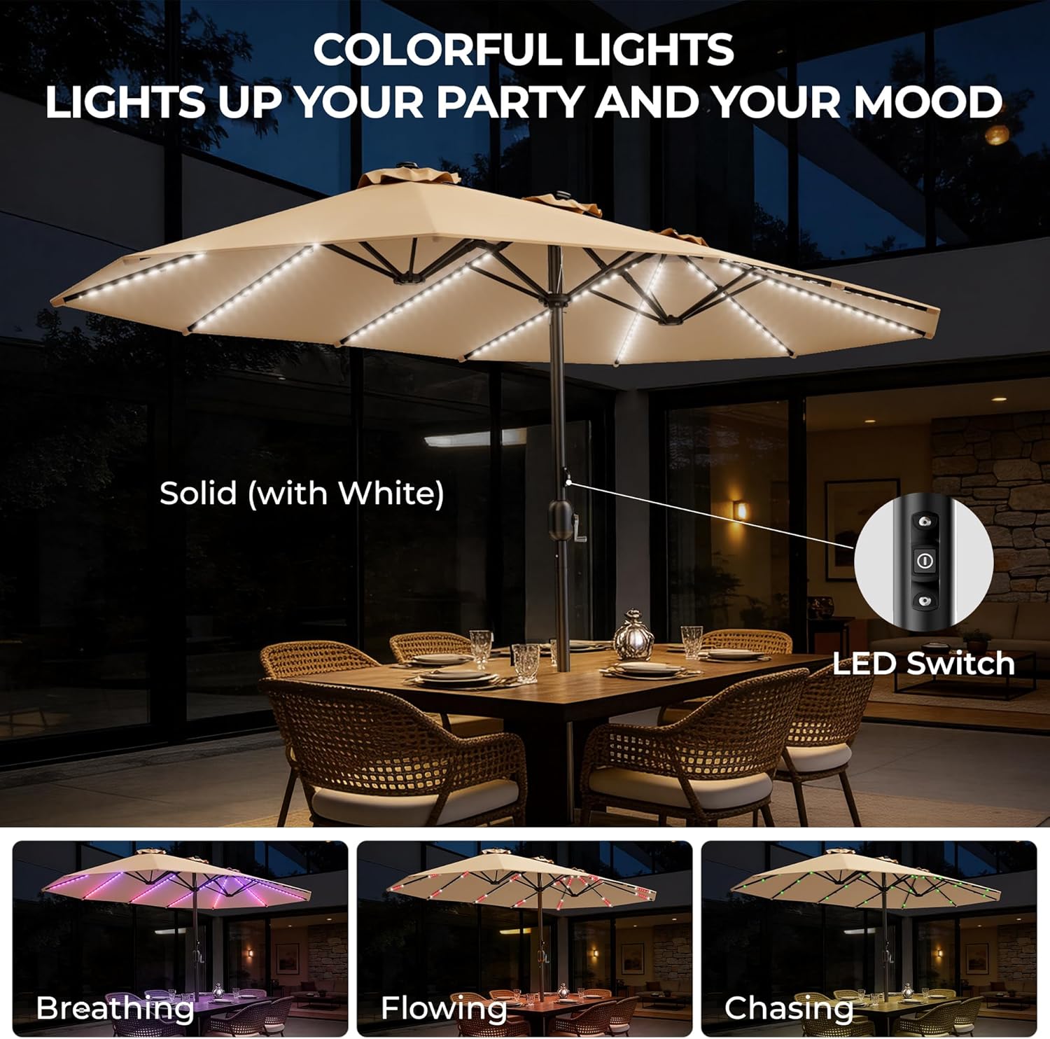 HY41LCB Double Sided Patio Umbrella with Base, 15ft RGB Multi-Color Large Outdoor Umbrella