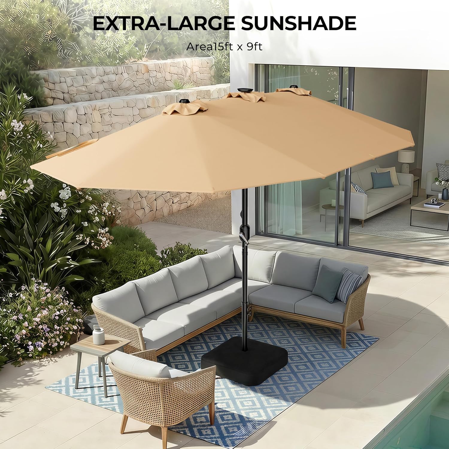 HY41LCB Double Sided Patio Umbrella with Base, 15ft RGB Multi-Color Large Outdoor Umbrella