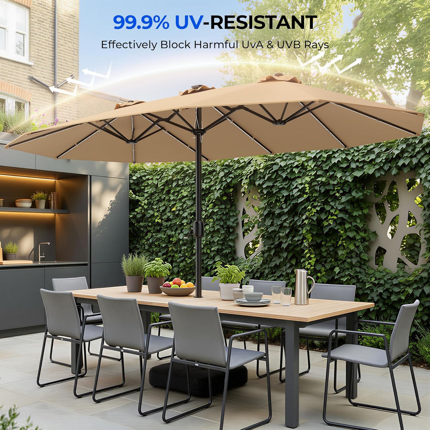 HY41LCB Double Sided Patio Umbrella with Base, 15ft RGB Multi-Color Large Outdoor Umbrella