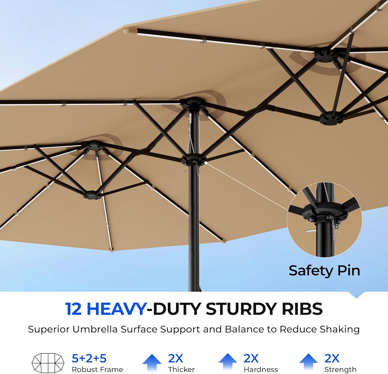 HY41LCB Double Sided Patio Umbrella with Base, 15ft RGB Multi-Color Large Outdoor Umbrella