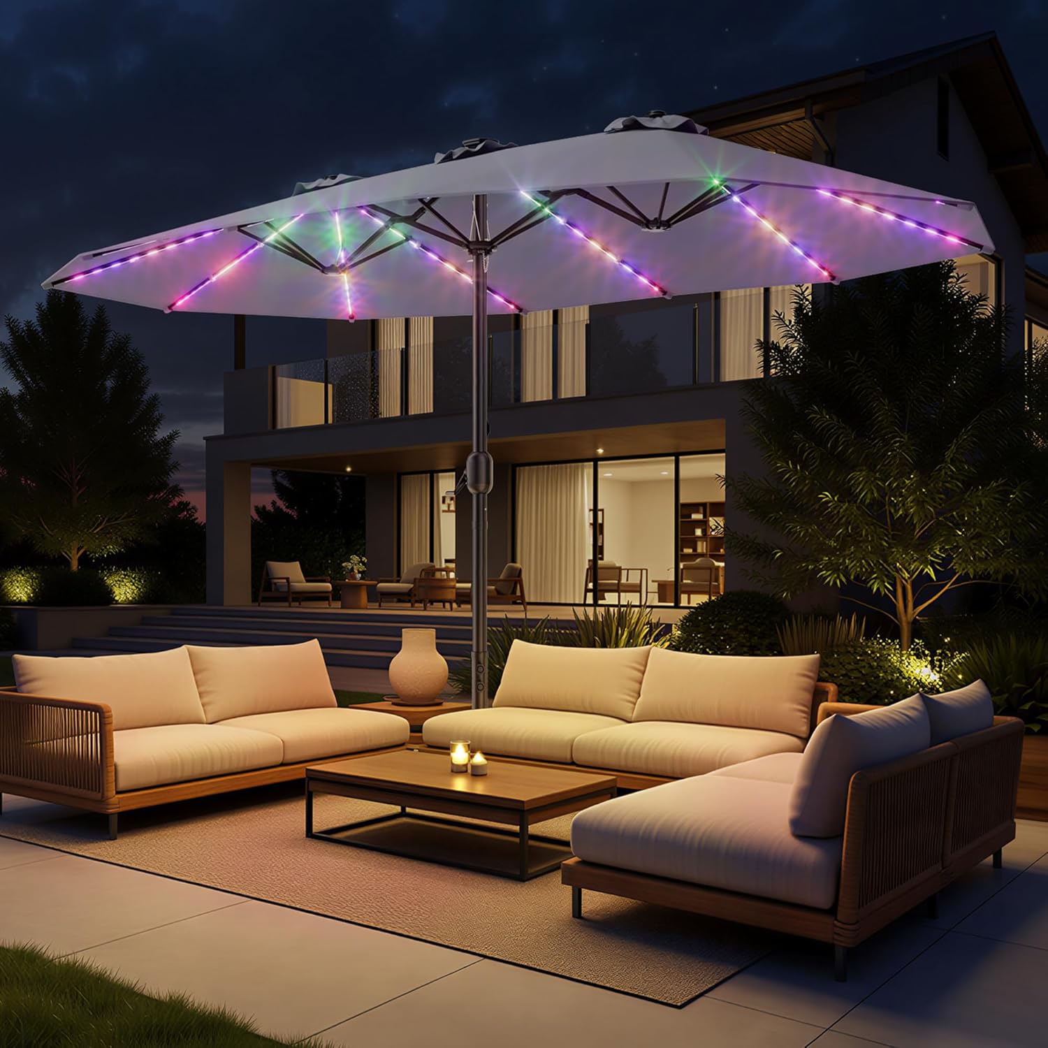 HY41LCB Double Sided Patio Umbrella with Base, 15ft RGB Multi-Color Large Outdoor Umbrella