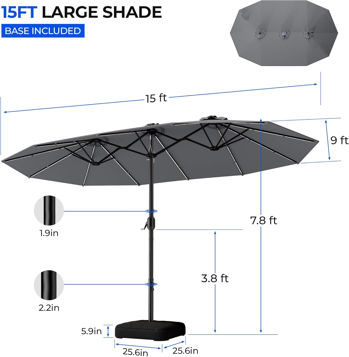 HY41LCB Double Sided Patio Umbrella with Base, 15ft RGB Multi-Color Large Outdoor Umbrella