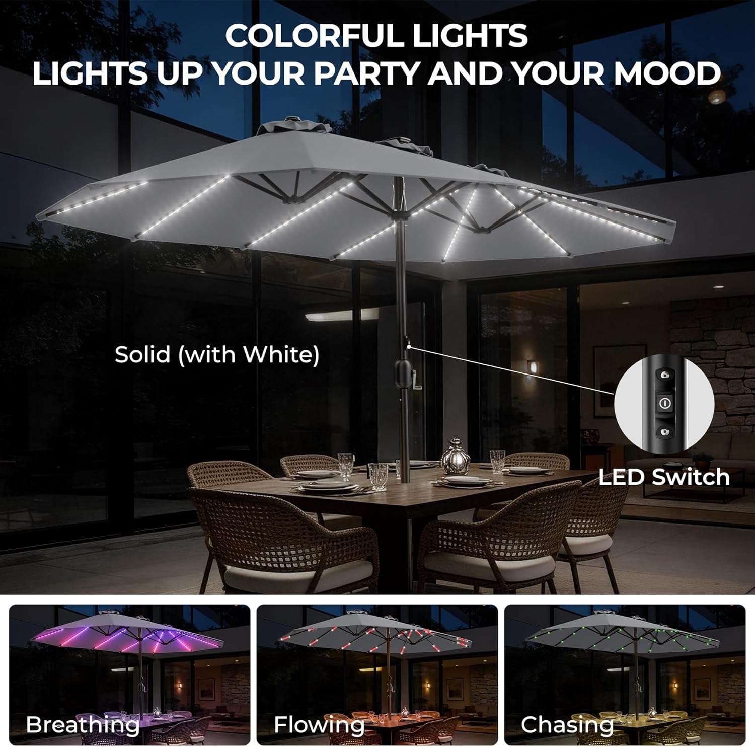HY41LCB Double Sided Patio Umbrella with Base, 15ft RGB Multi-Color Large Outdoor Umbrella
