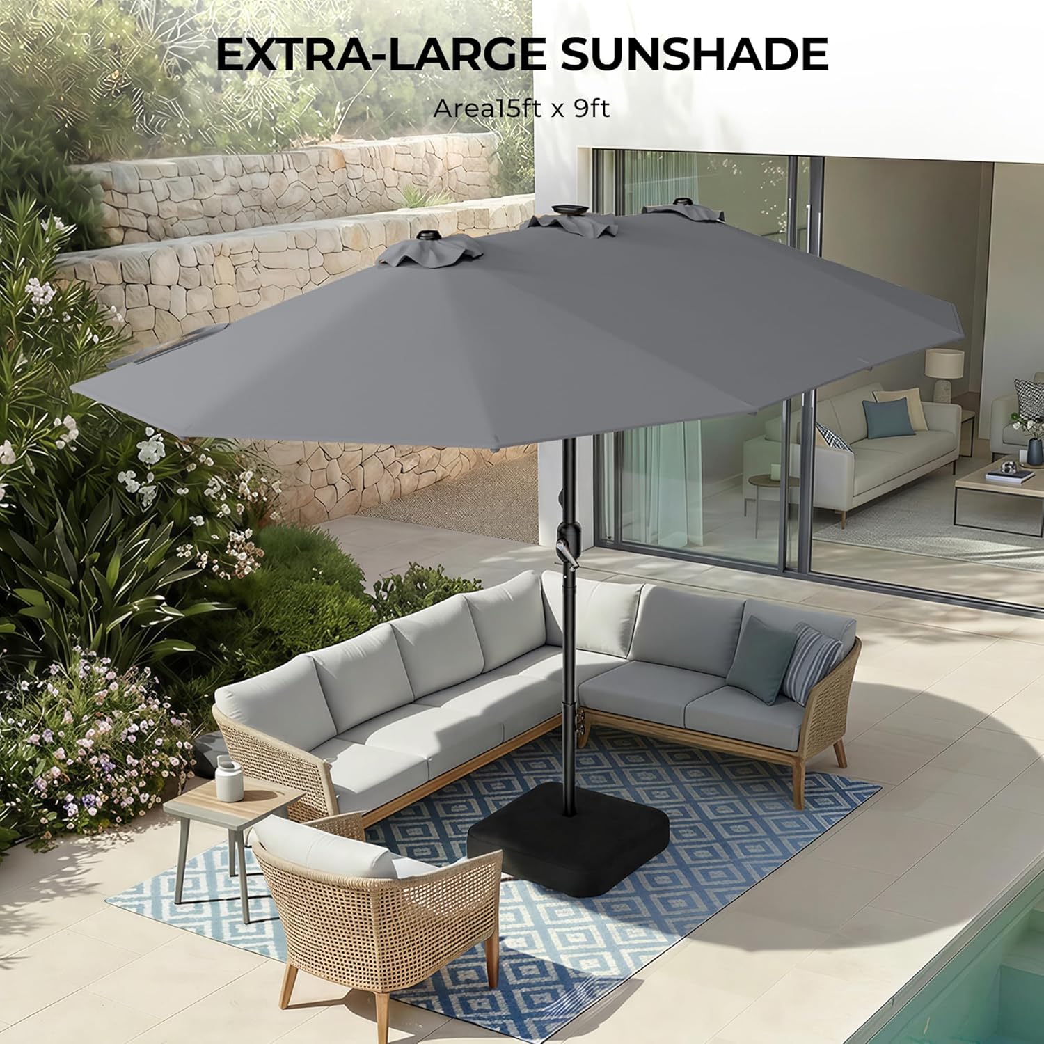 HY41LCB Double Sided Patio Umbrella with Base, 15ft RGB Multi-Color Large Outdoor Umbrella