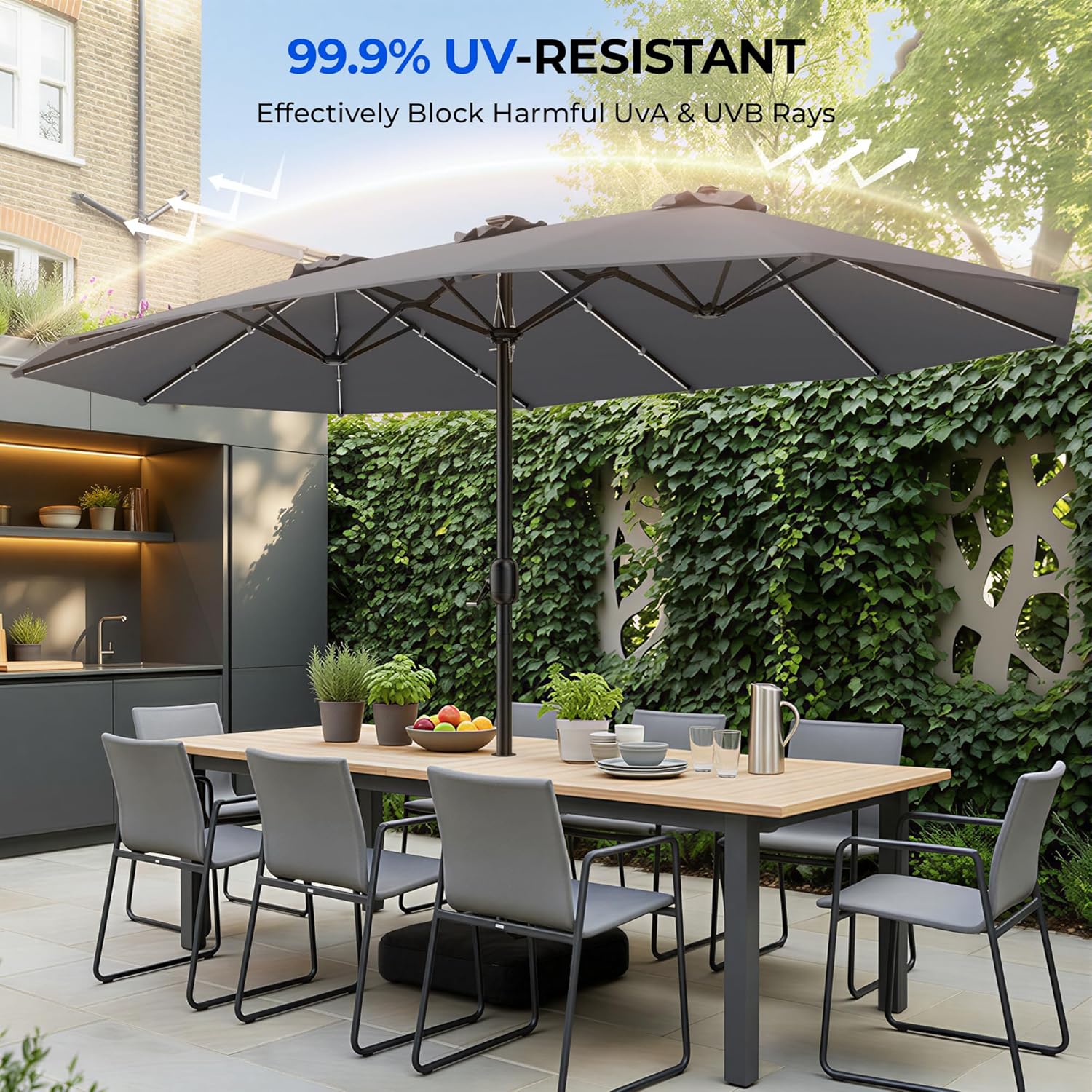 HY41LCB Double Sided Patio Umbrella with Base, 15ft RGB Multi-Color Large Outdoor Umbrella