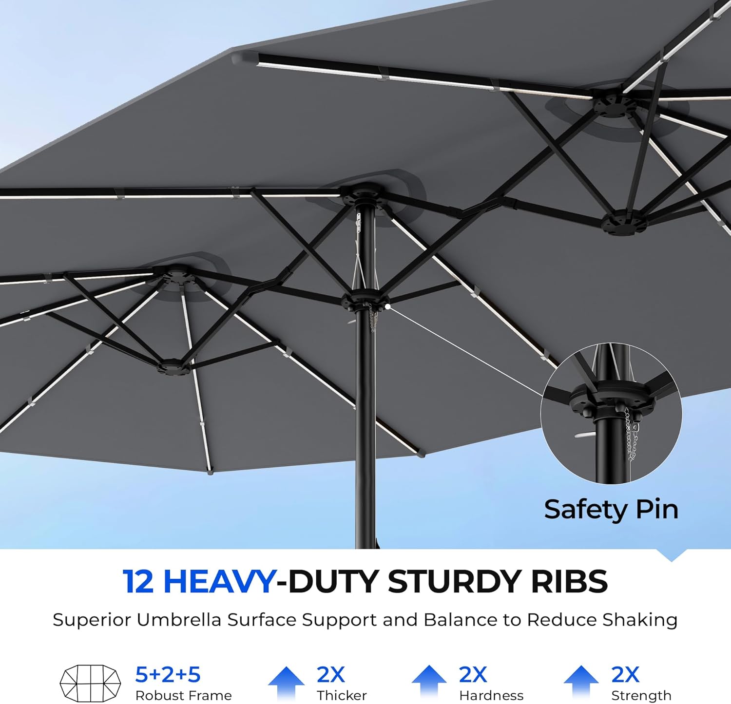 HY41LCB Double Sided Patio Umbrella with Base, 15ft RGB Multi-Color Large Outdoor Umbrella