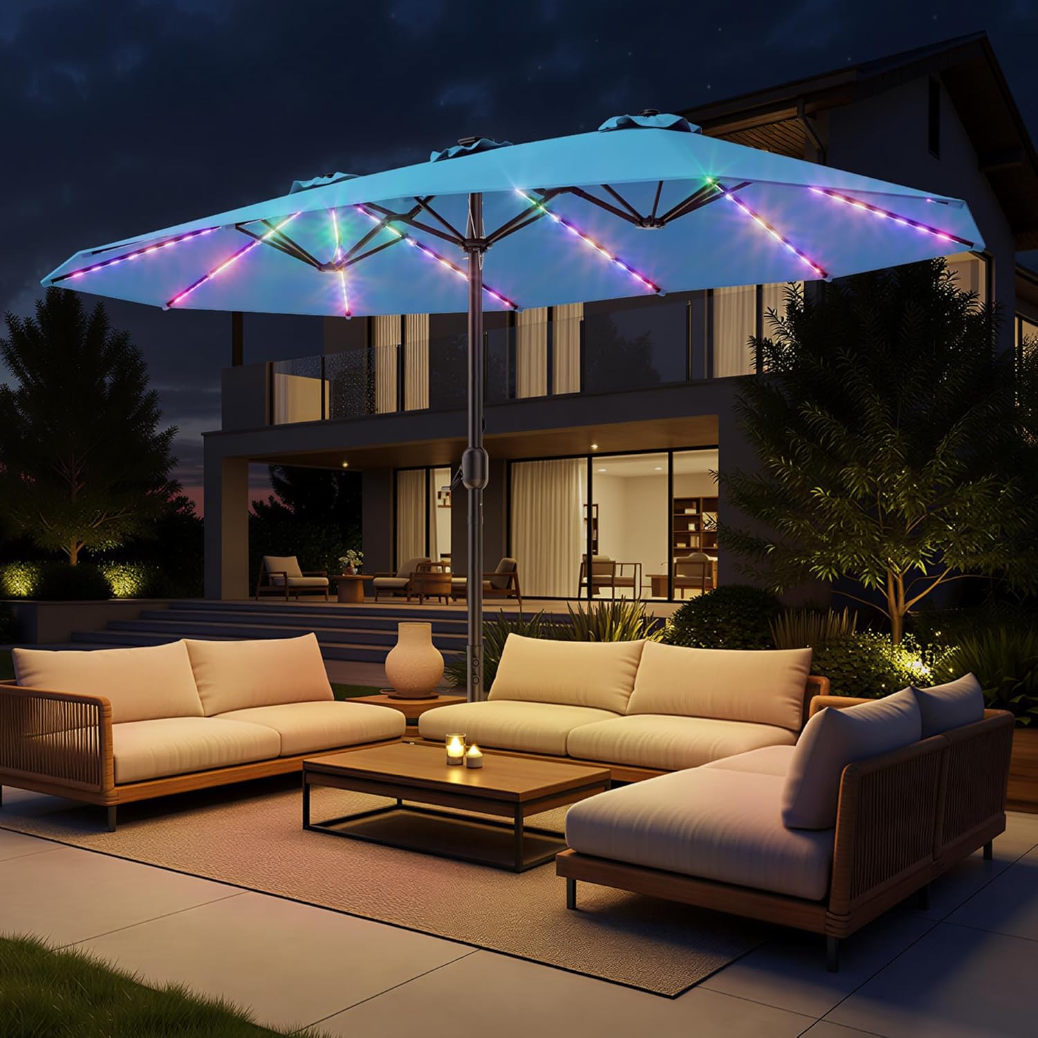 HY41LCB Double Sided Patio Umbrella with Base, 15ft RGB Multi-Color Large Outdoor Umbrella