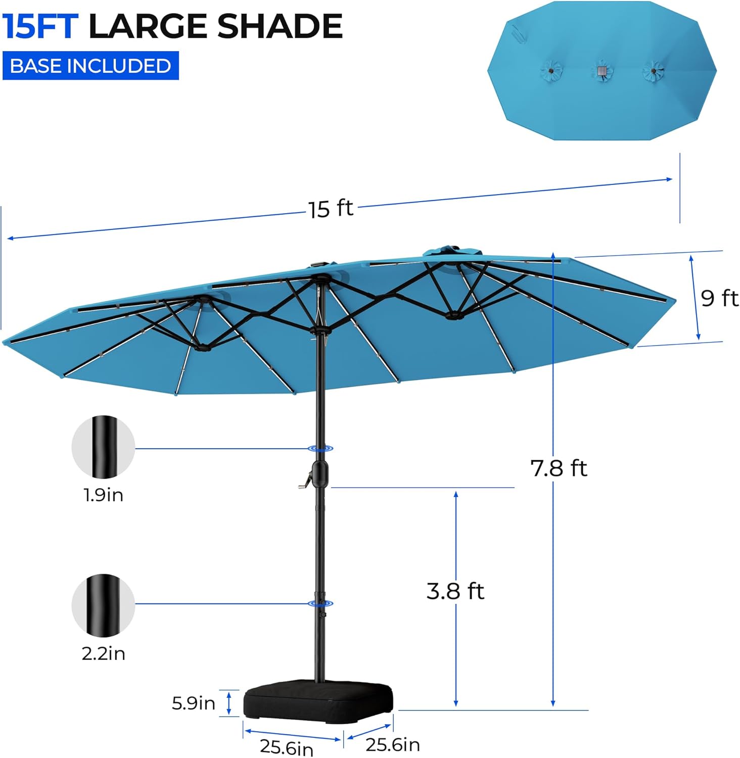 HY41LCB Double Sided Patio Umbrella with Base, 15ft RGB Multi-Color Large Outdoor Umbrella