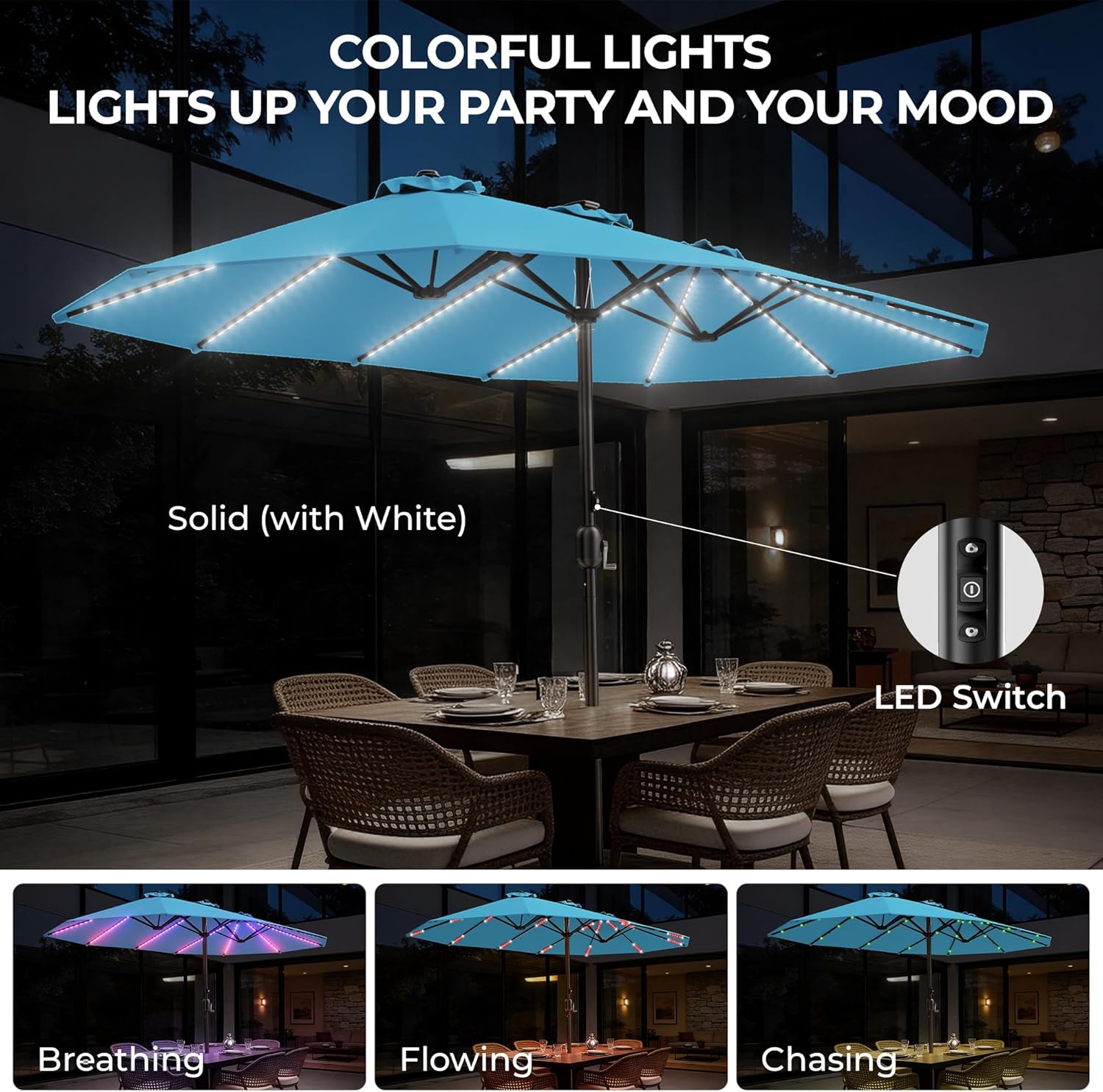 HY41LCB Double Sided Patio Umbrella with Base, 15ft RGB Multi-Color Large Outdoor Umbrella