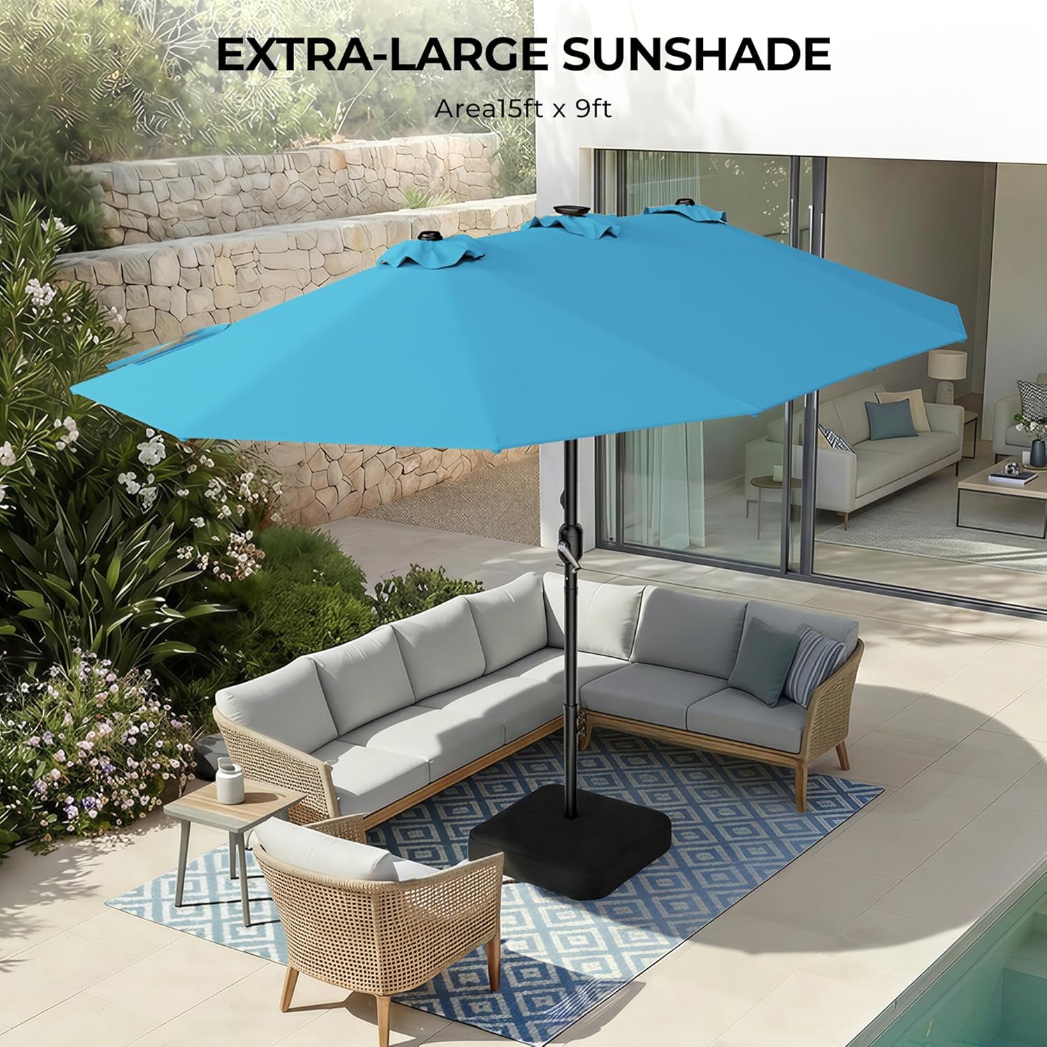 HY41LCB Double Sided Patio Umbrella with Base, 15ft RGB Multi-Color Large Outdoor Umbrella