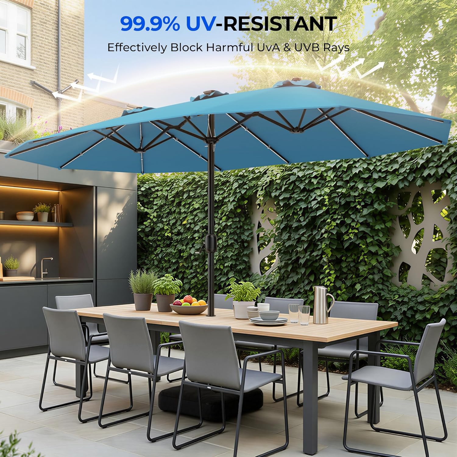 HY41LCB Double Sided Patio Umbrella with Base, 15ft RGB Multi-Color Large Outdoor Umbrella