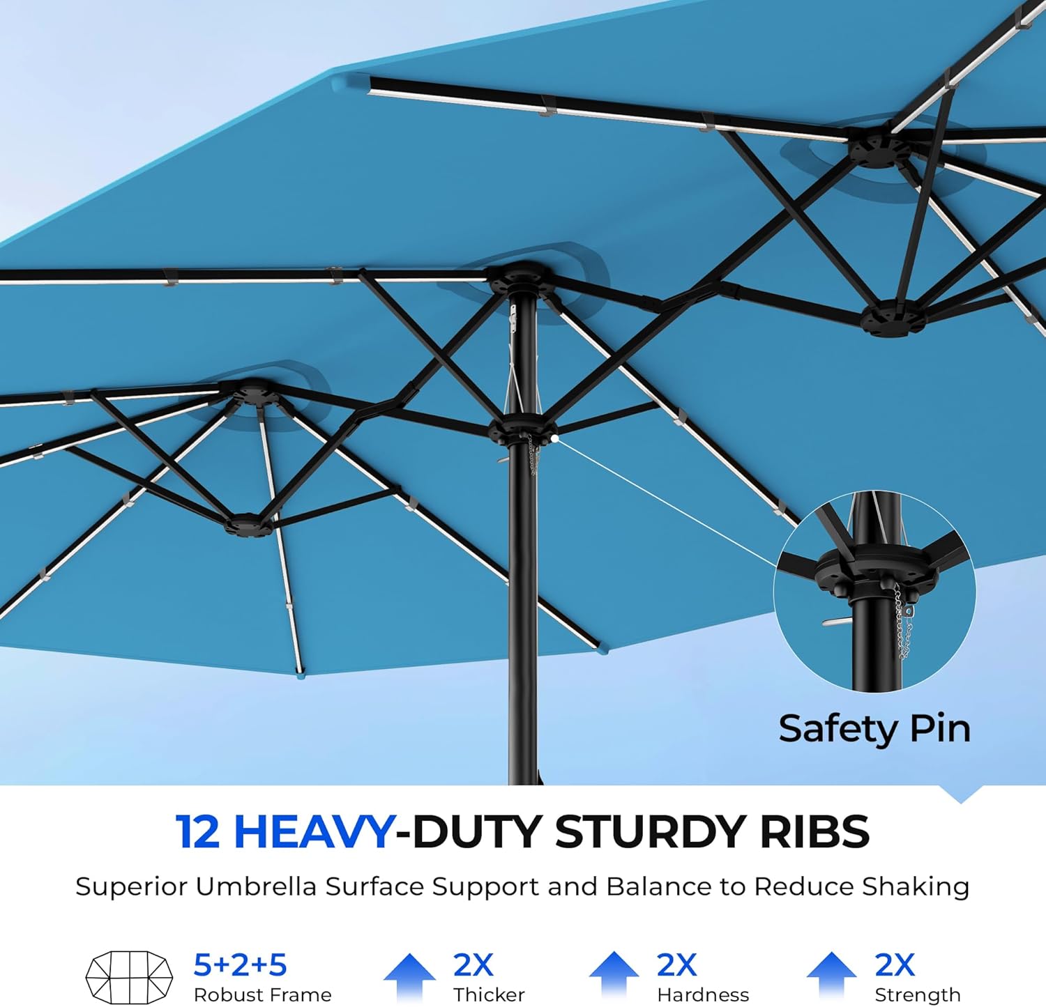 HY41LCB Double Sided Patio Umbrella with Base, 15ft RGB Multi-Color Large Outdoor Umbrella