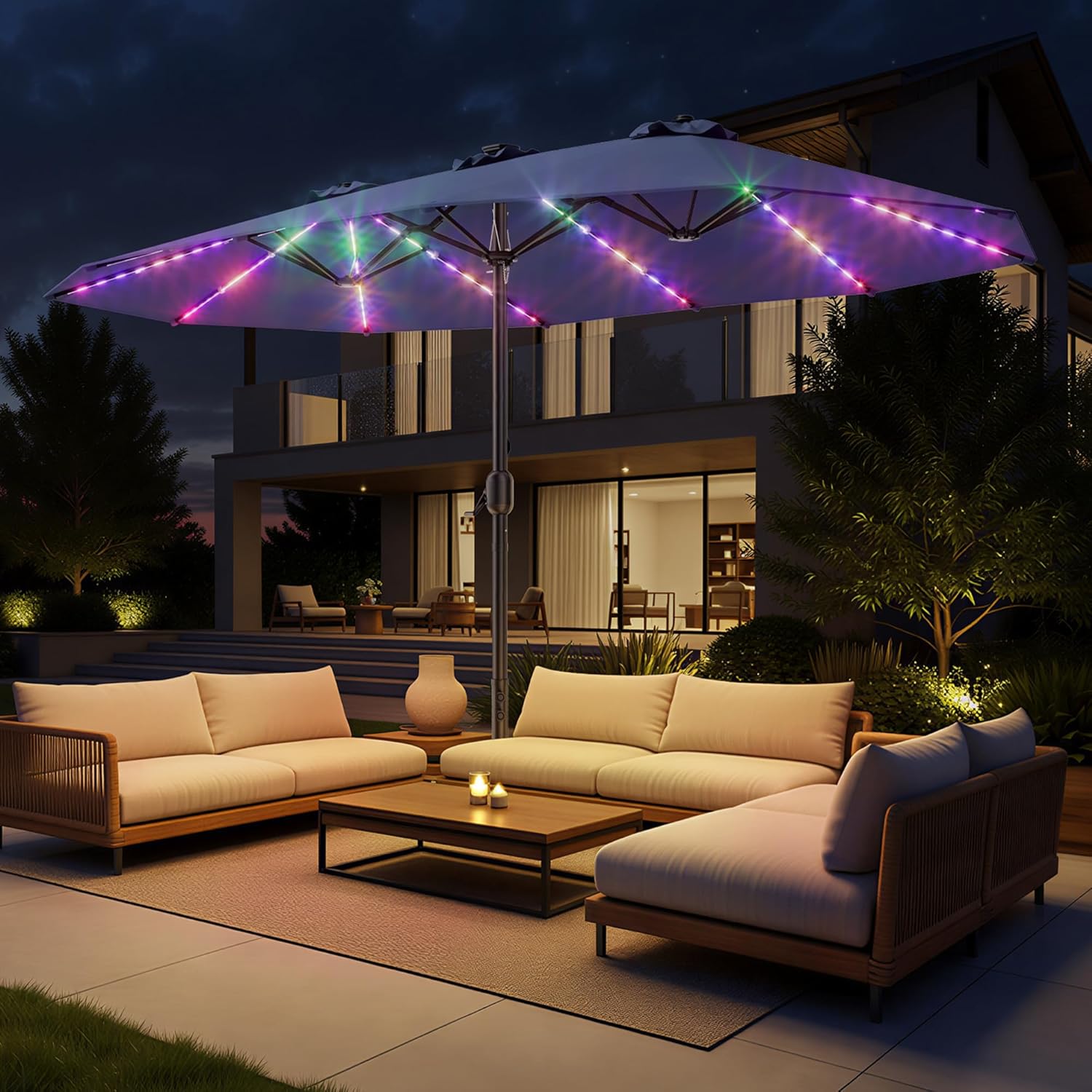 HY41LCB Double Sided Patio Umbrella with Base, 15ft RGB Multi-Color Large Outdoor Umbrella