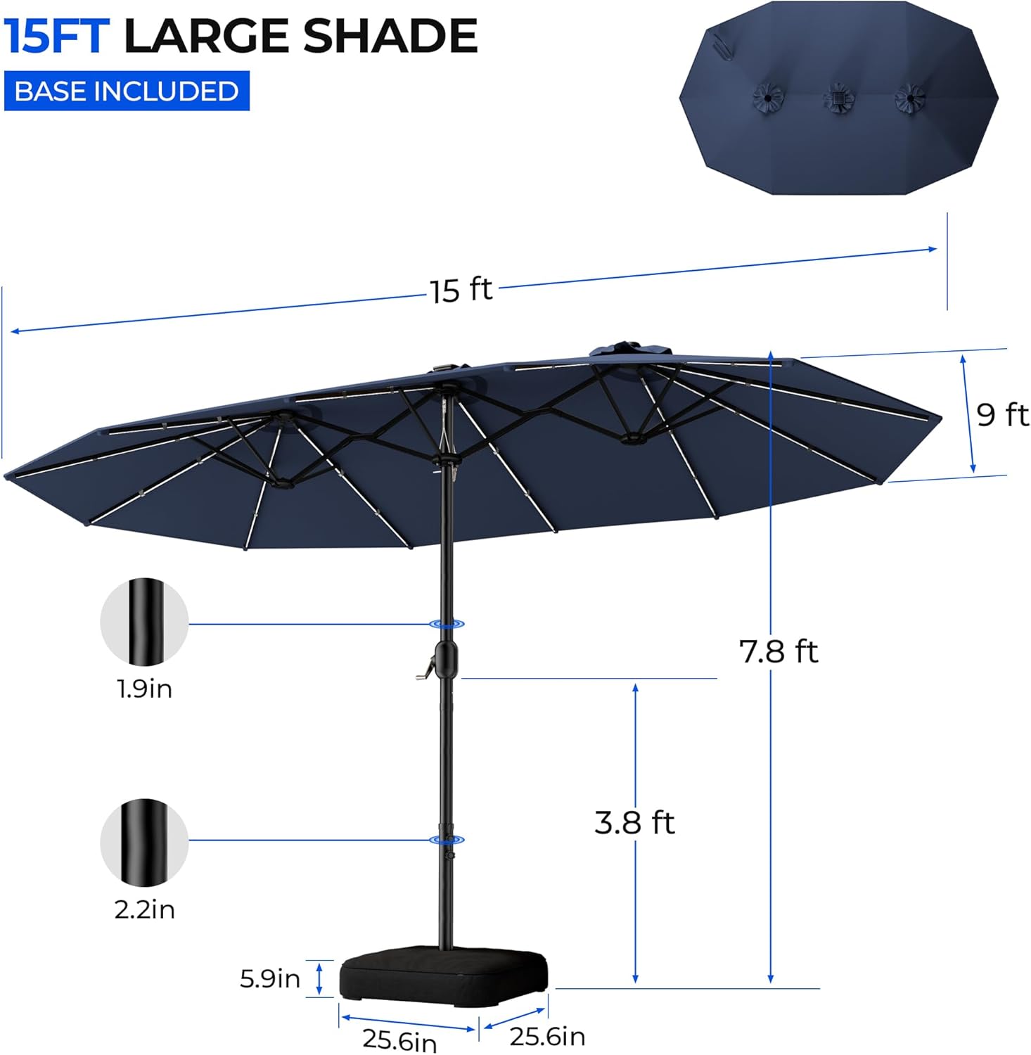 HY41LCB Double Sided Patio Umbrella with Base, 15ft RGB Multi-Color Large Outdoor Umbrella