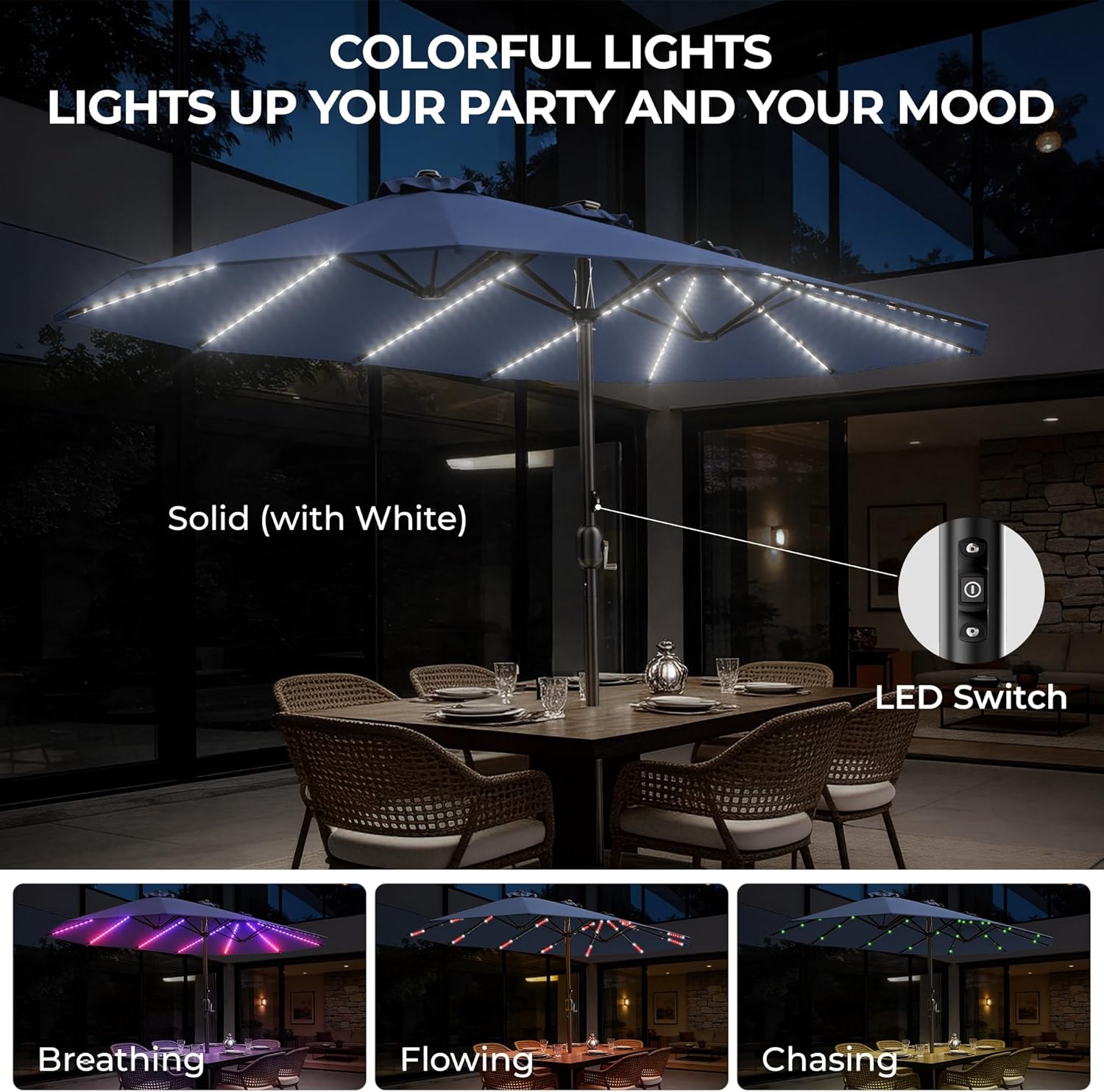 HY41LCB Double Sided Patio Umbrella with Base, 15ft RGB Multi-Color Large Outdoor Umbrella
