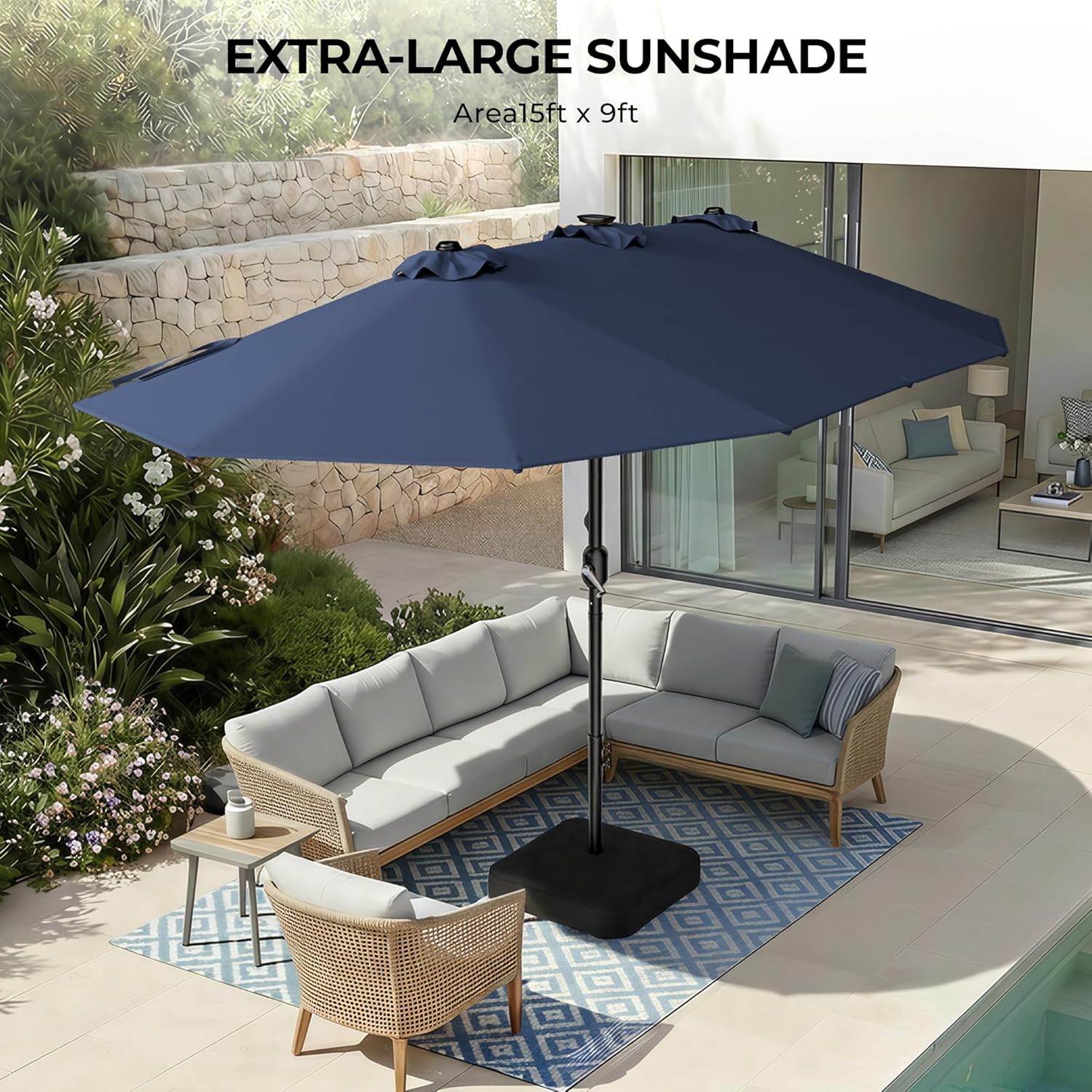 HY41LCB Double Sided Patio Umbrella with Base, 15ft RGB Multi-Color Large Outdoor Umbrella