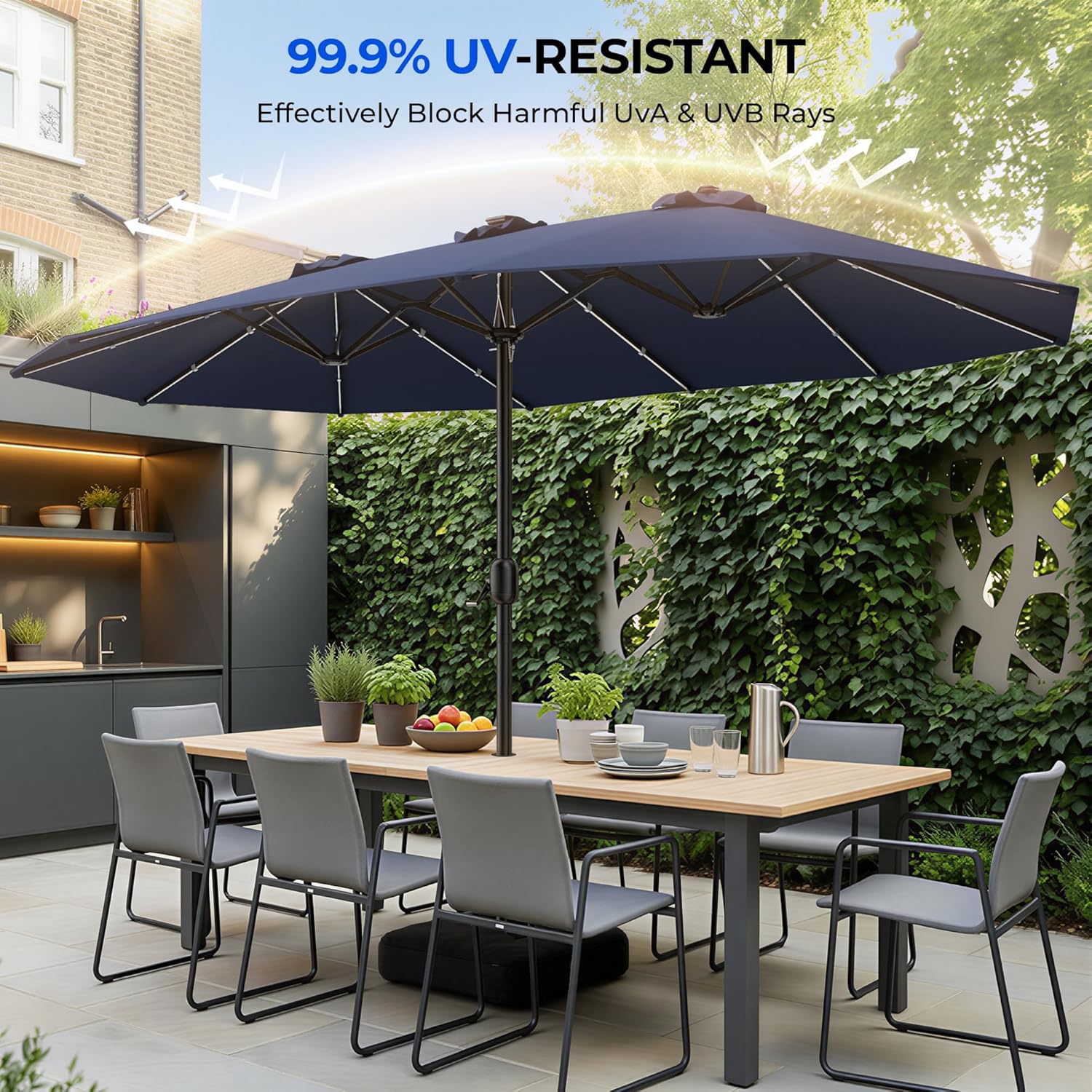 HY41LCB Double Sided Patio Umbrella with Base, 15ft RGB Multi-Color Large Outdoor Umbrella