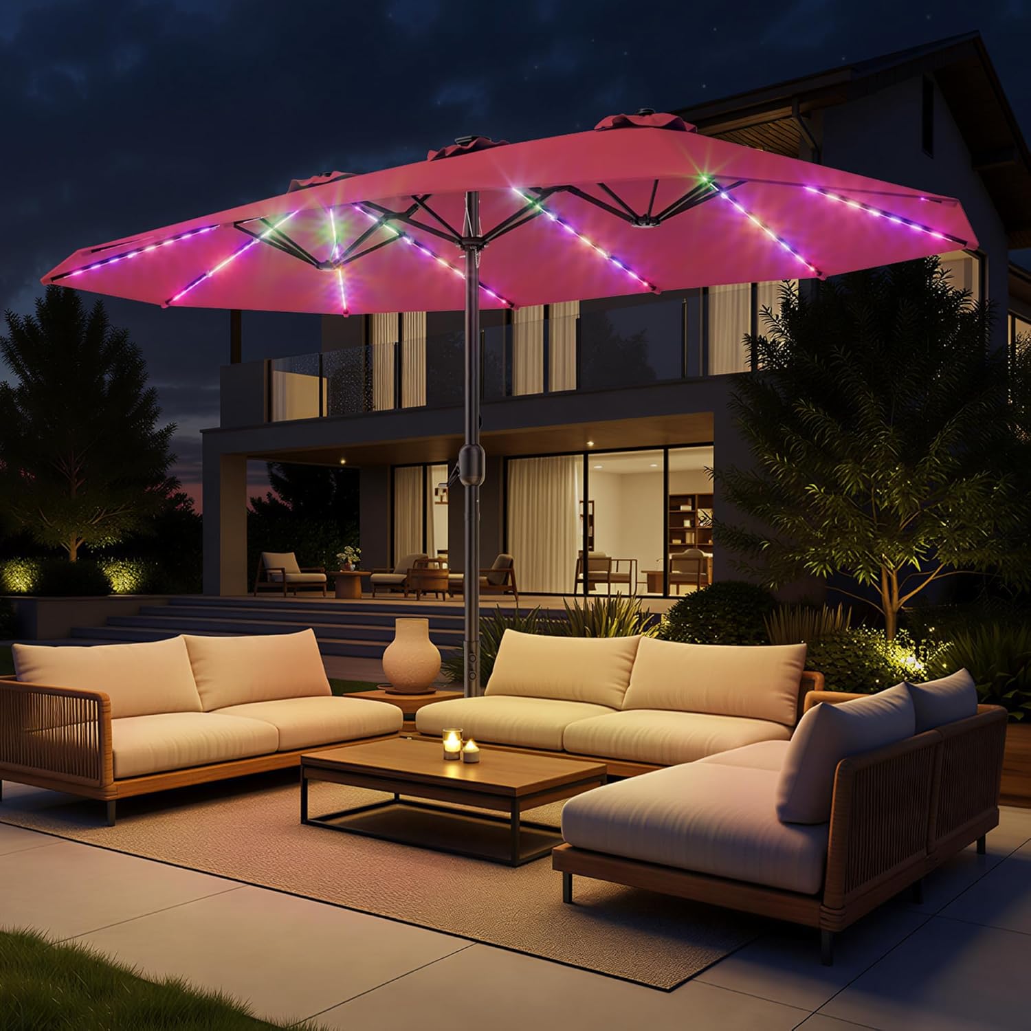 HY41LCB Double Sided Patio Umbrella with Base, 15ft RGB Multi-Color Large Outdoor Umbrella