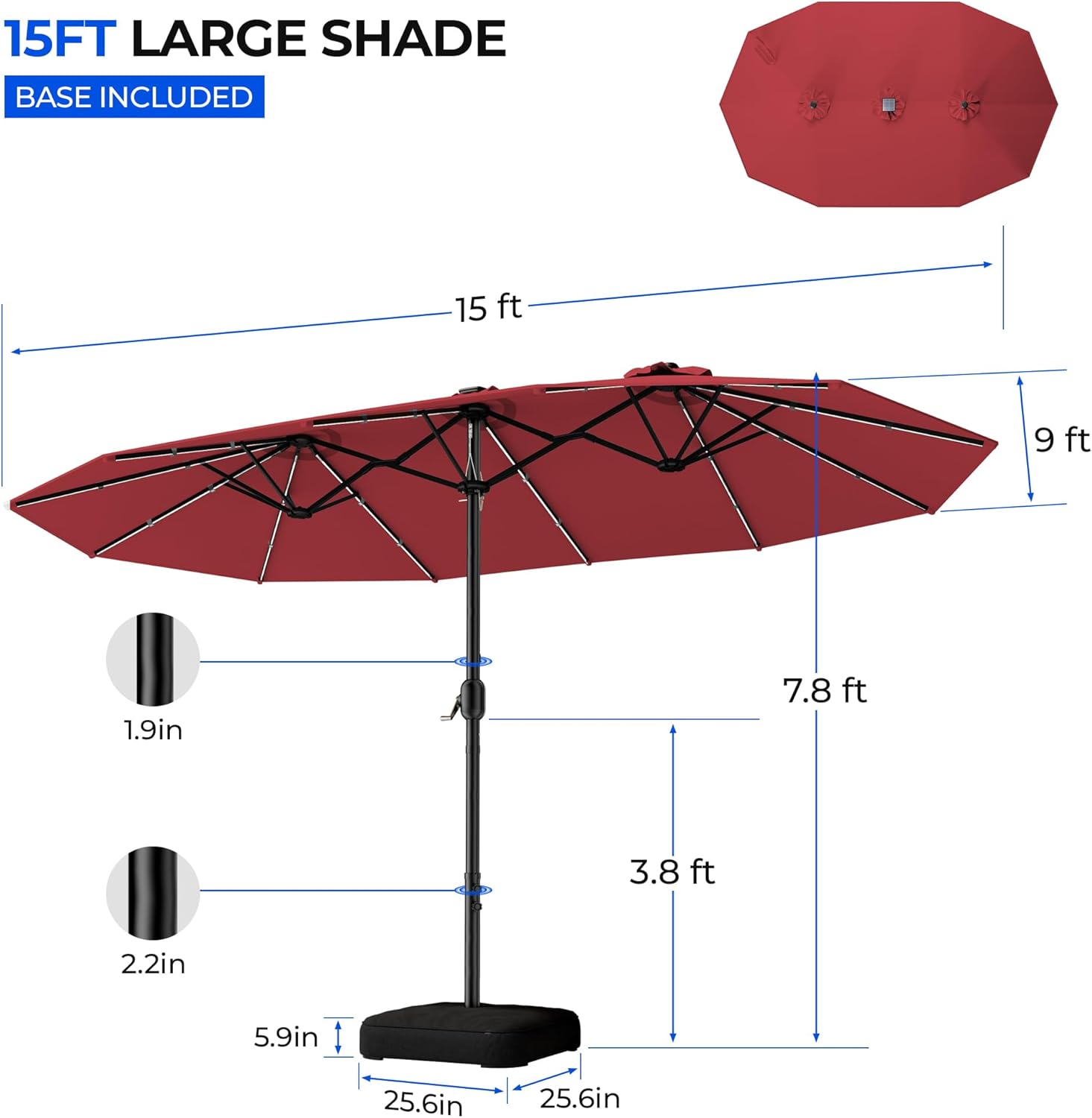 HY41LCB Double Sided Patio Umbrella with Base, 15ft RGB Multi-Color Large Outdoor Umbrella