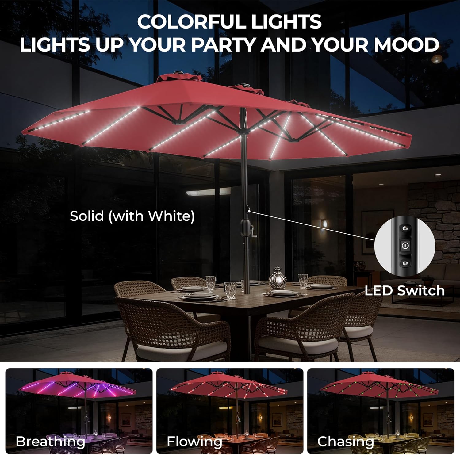 HY41LCB Double Sided Patio Umbrella with Base, 15ft RGB Multi-Color Large Outdoor Umbrella