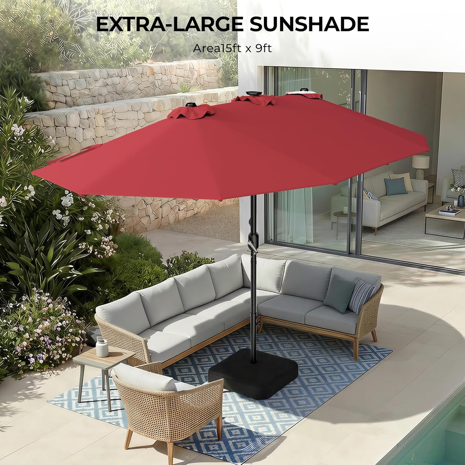 HY41LCB Double Sided Patio Umbrella with Base, 15ft RGB Multi-Color Large Outdoor Umbrella