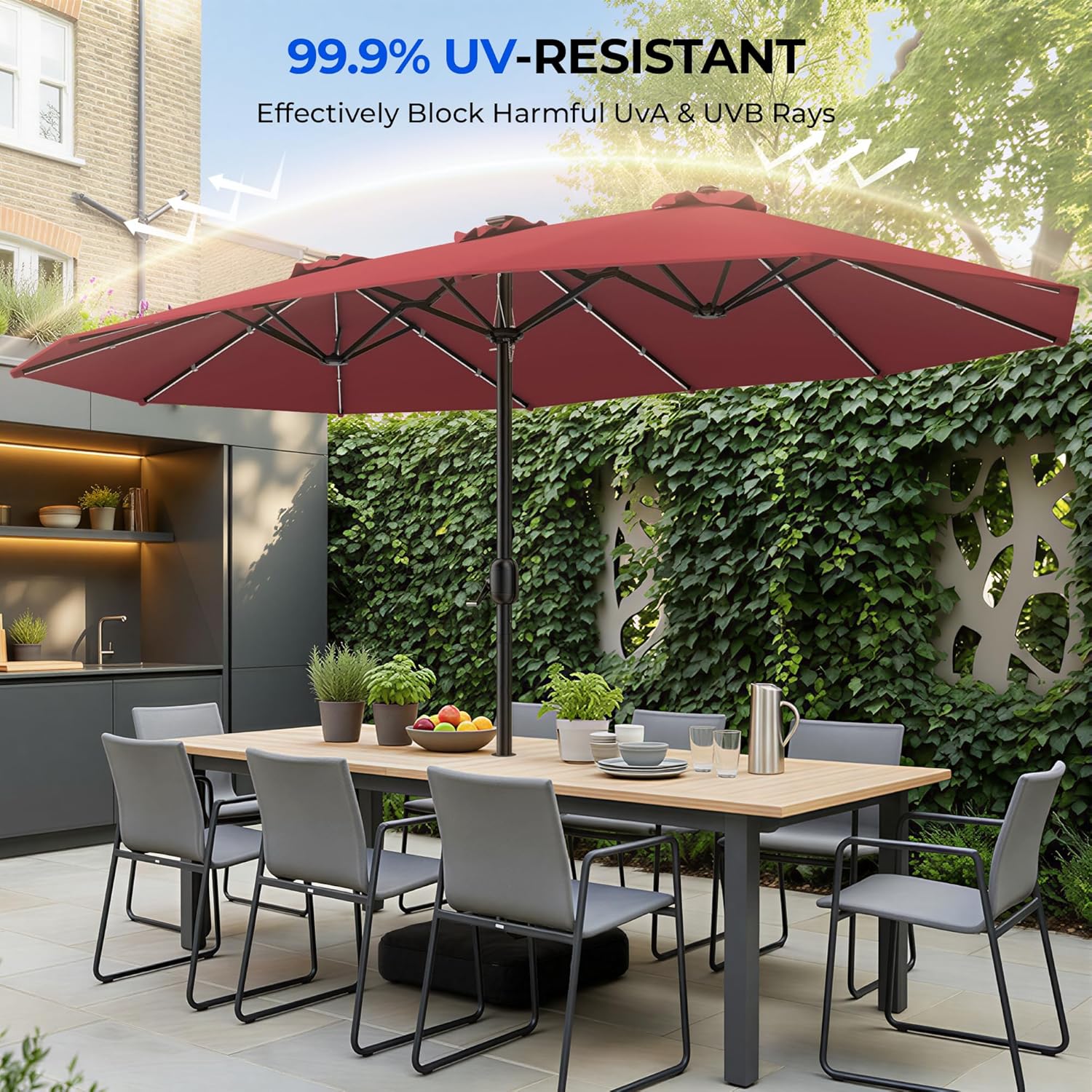 HY41LCB Double Sided Patio Umbrella with Base, 15ft RGB Multi-Color Large Outdoor Umbrella