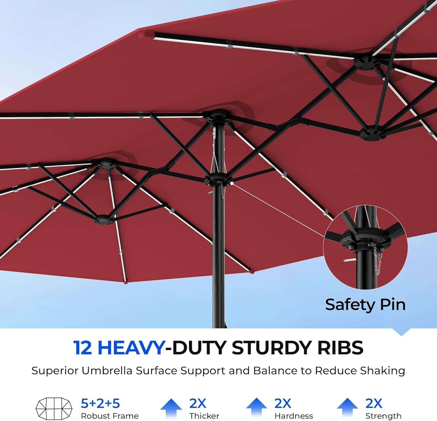 HY41LCB Double Sided Patio Umbrella with Base, 15ft RGB Multi-Color Large Outdoor Umbrella