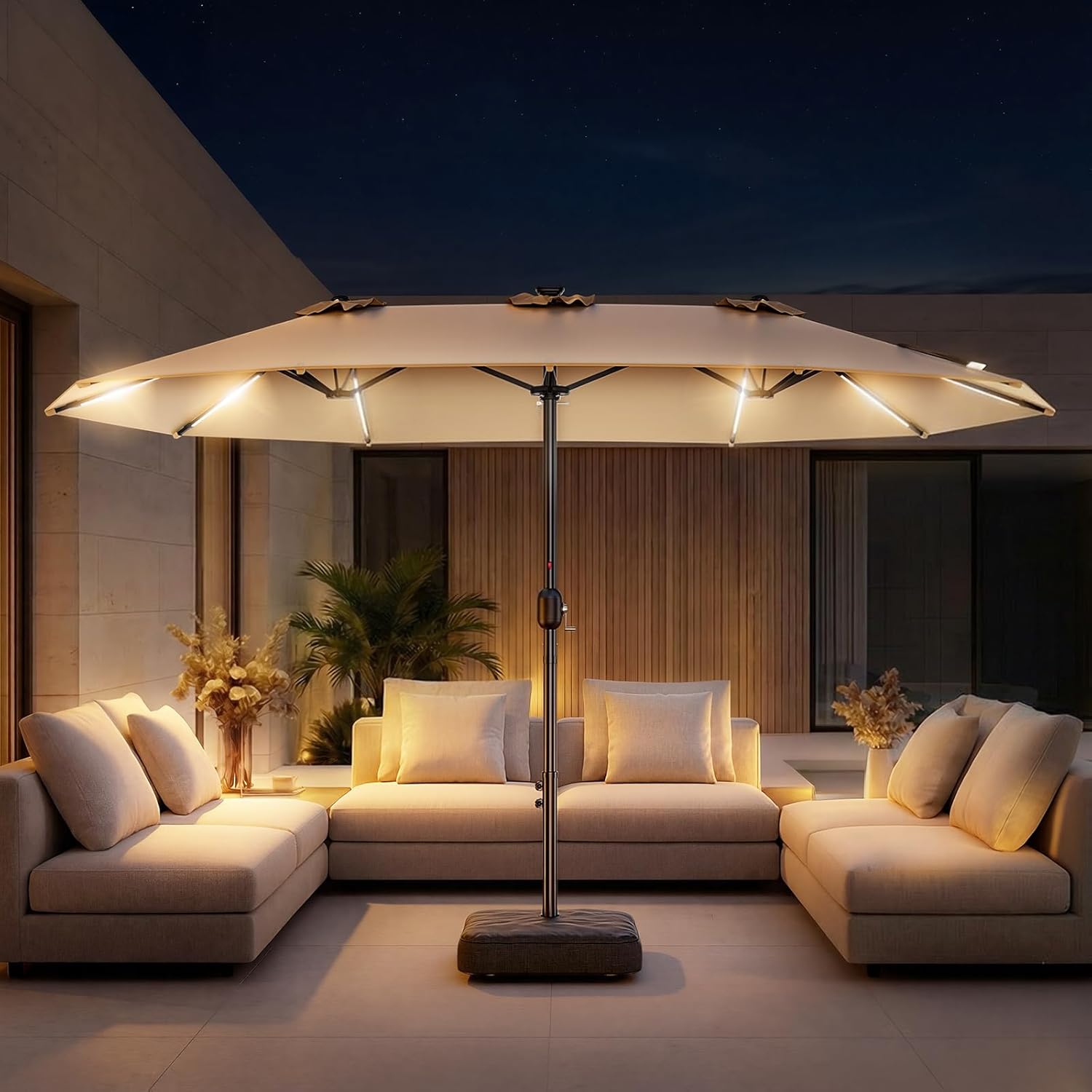 HY41LSB Double Sided Patio Umbrella with Base, 15FT Solar LED Large Outdoor Umbrella