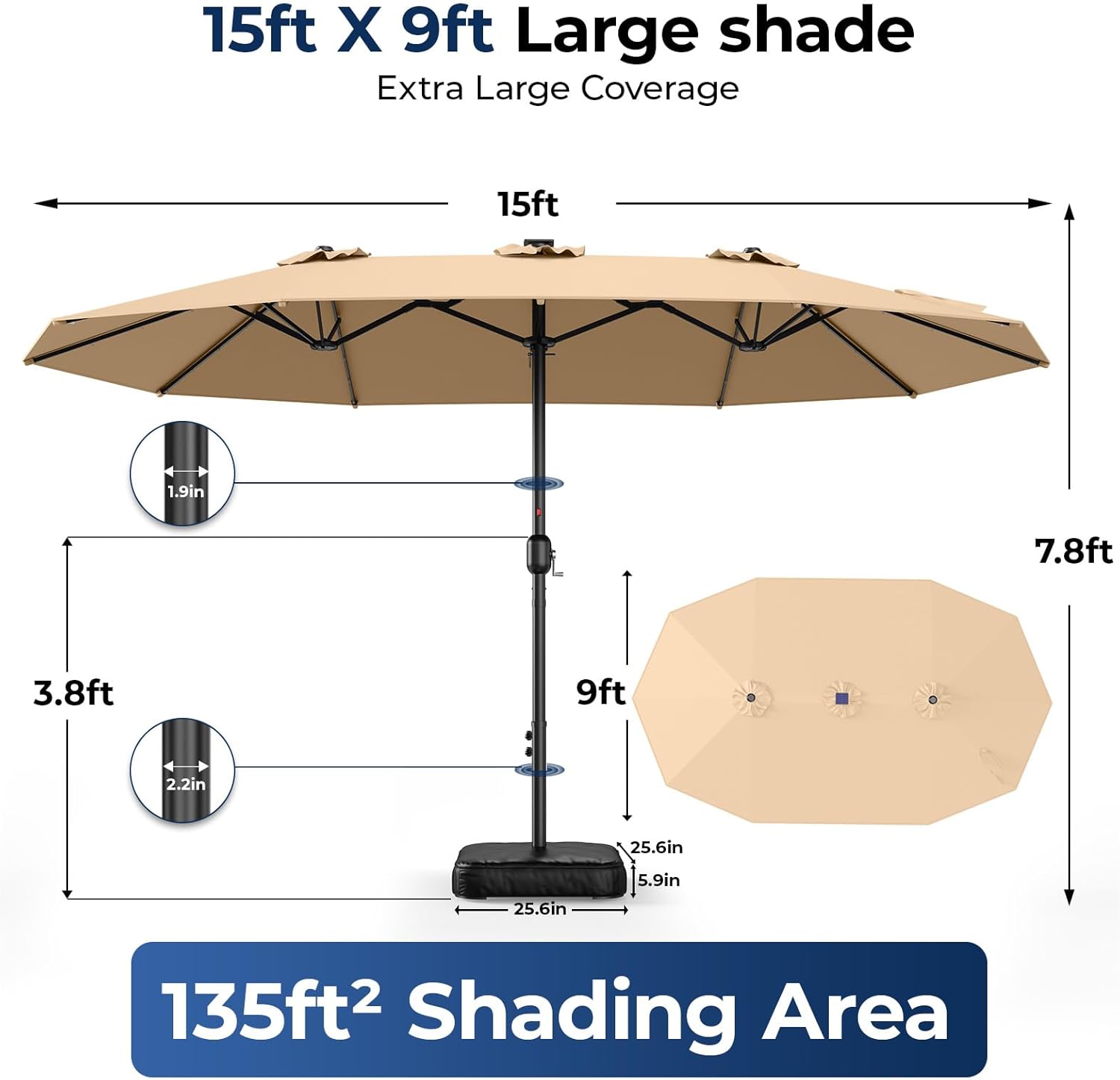 HY41LSB Double Sided Patio Umbrella with Base, 15FT Solar LED Large Outdoor Umbrella