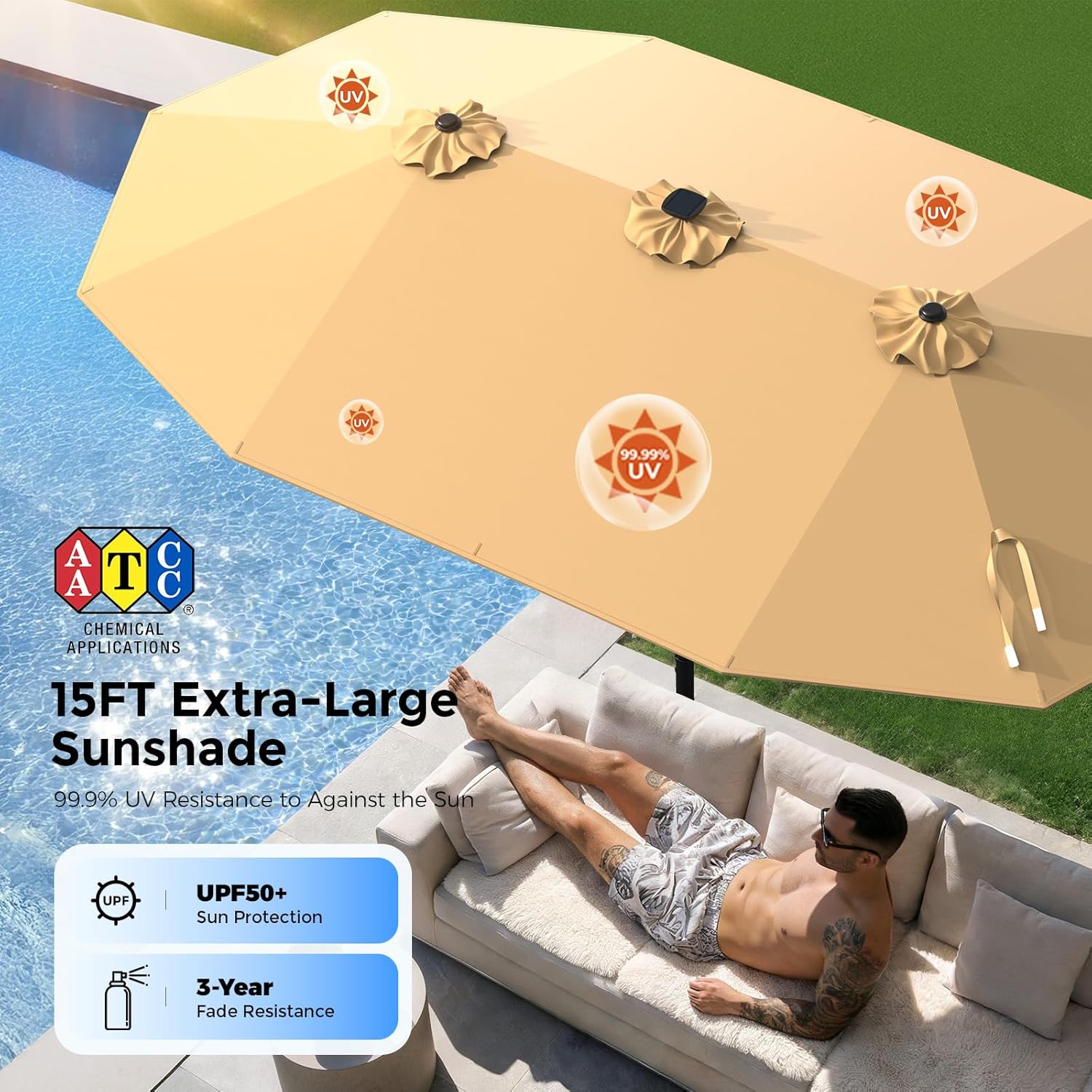 HY41LSB Double Sided Patio Umbrella with Base, 15FT Solar LED Large Outdoor Umbrella