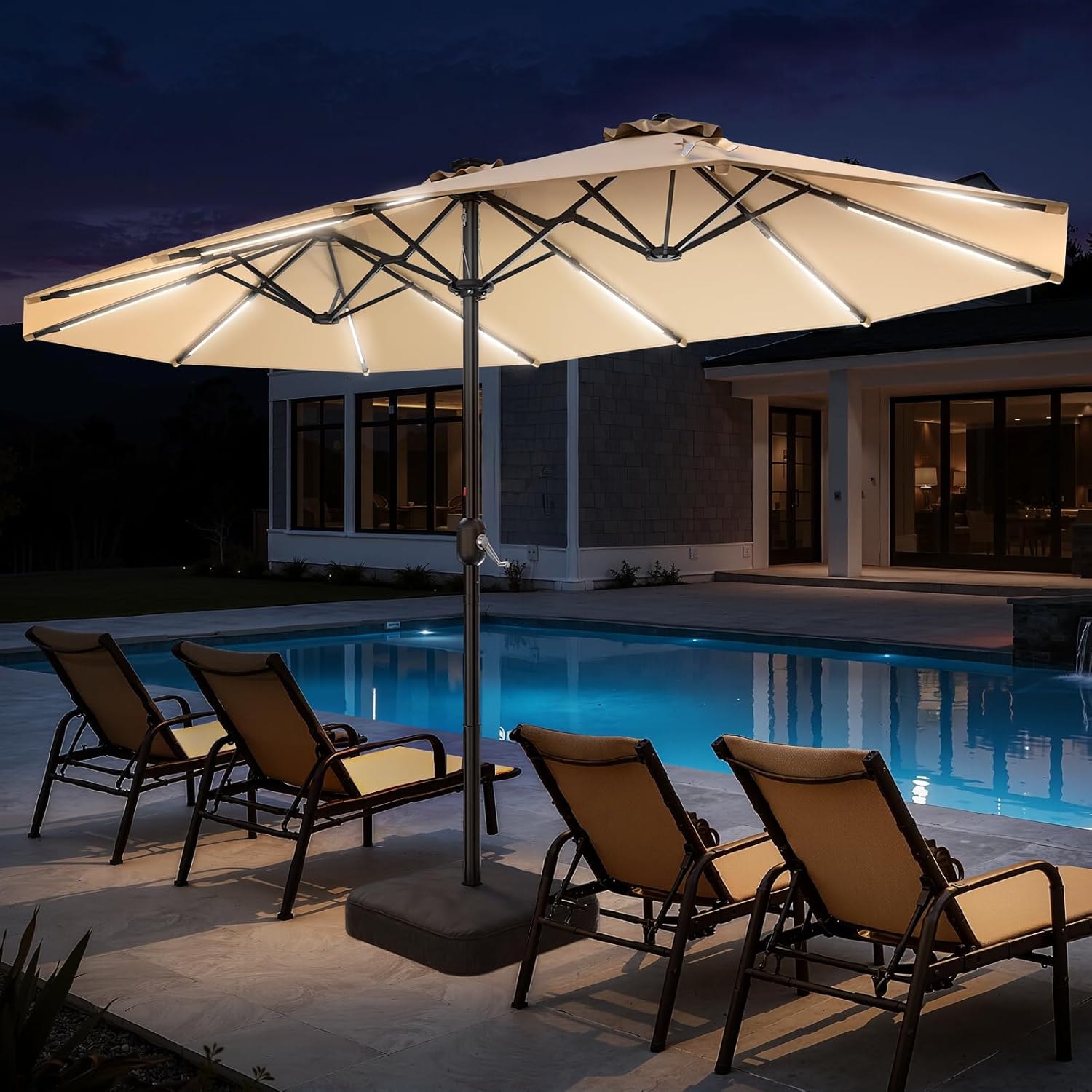 HY41LSB Double Sided Patio Umbrella with Base, 15FT Solar LED Large Outdoor Umbrella