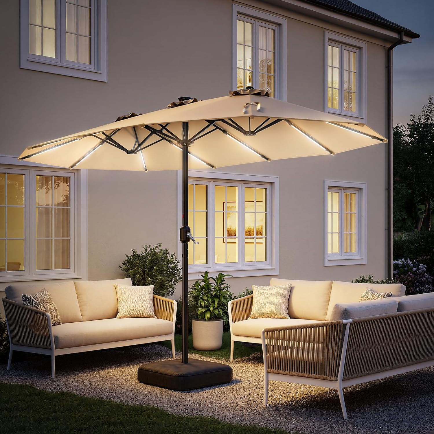 HY41LSB Double Sided Patio Umbrella with Base, 15FT Solar LED Large Outdoor Umbrella