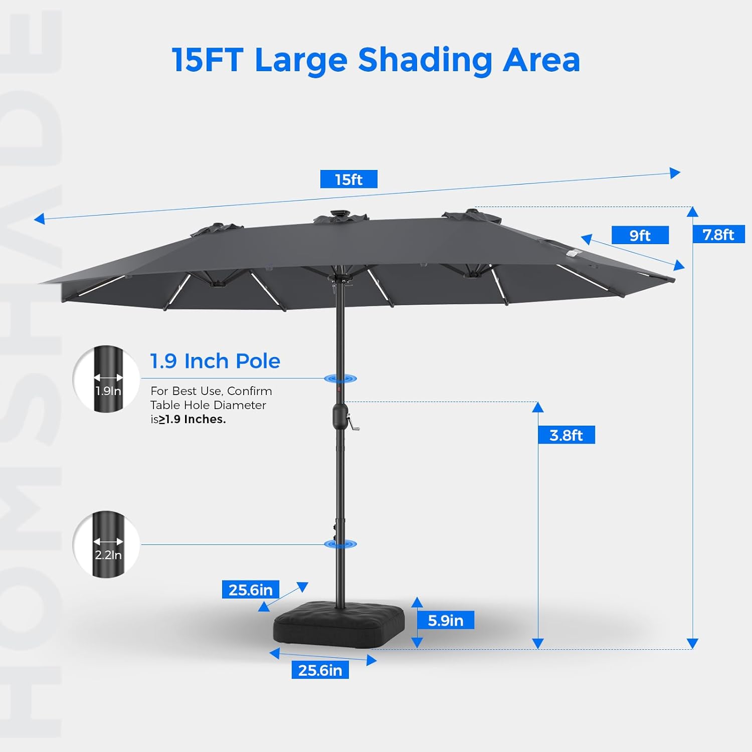 HY41LSB Double Sided Patio Umbrella with Base, 15FT Solar LED Large Outdoor Umbrella