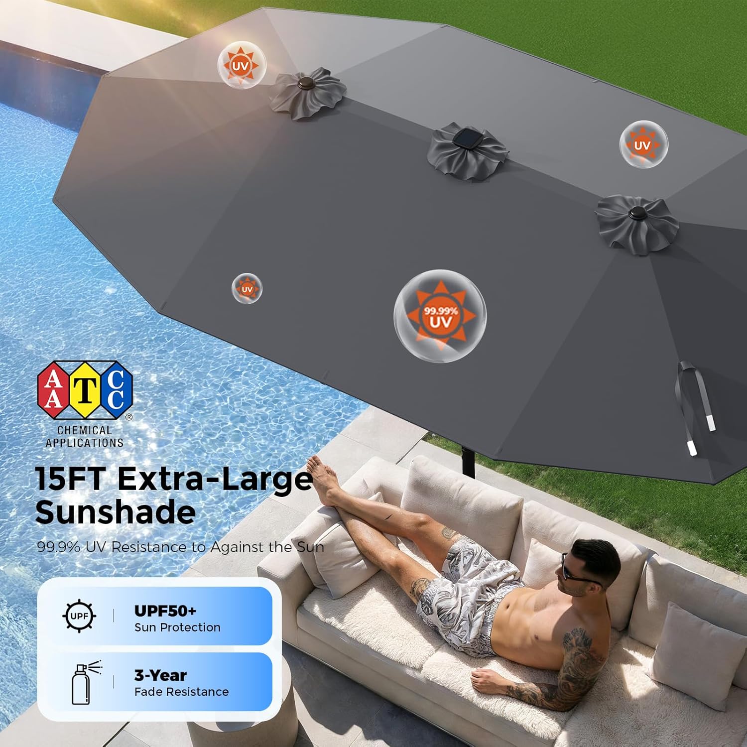 HY41LSB Double Sided Patio Umbrella with Base, 15FT Solar LED Large Outdoor Umbrella
