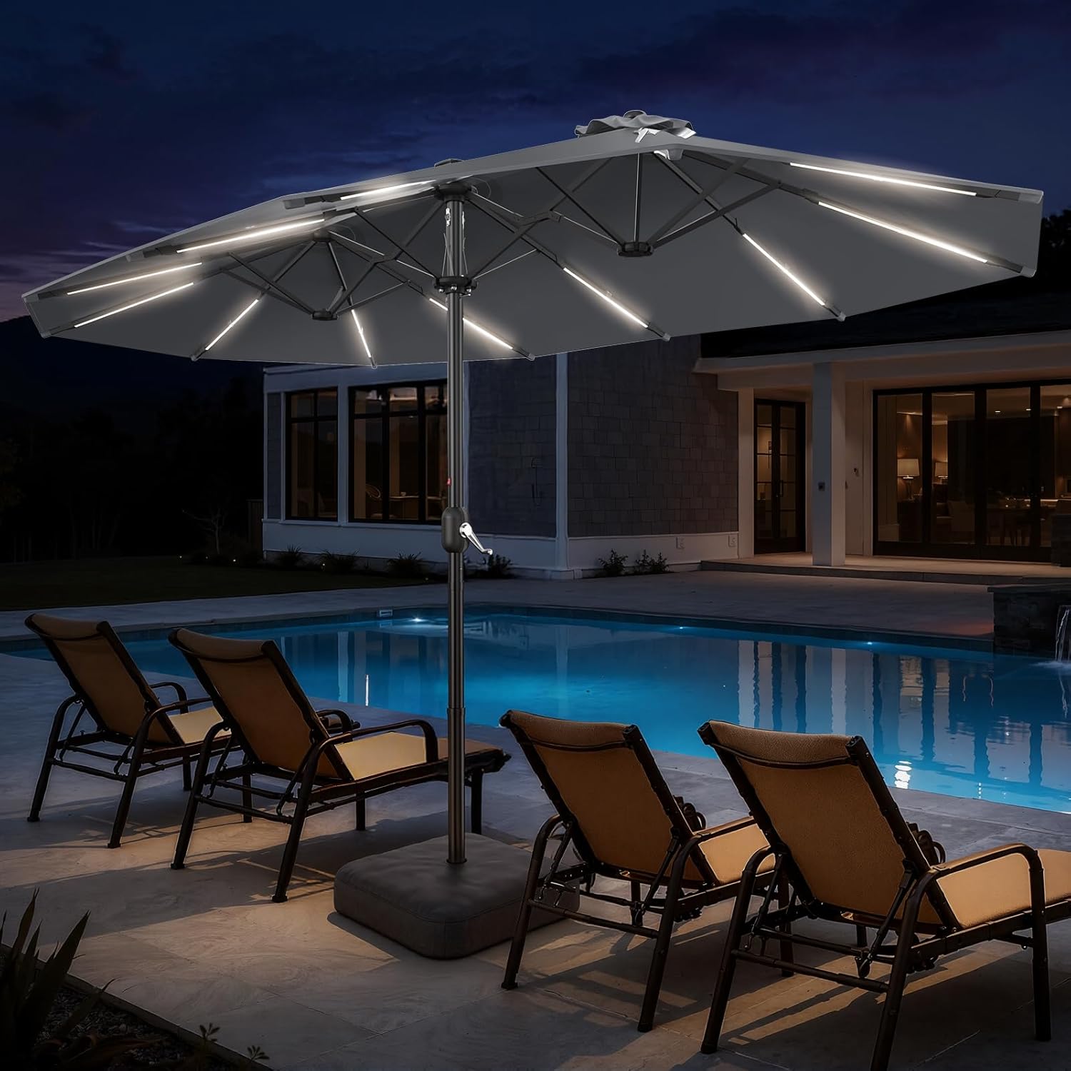HY41LSB Double Sided Patio Umbrella with Base, 15FT Solar LED Large Outdoor Umbrella