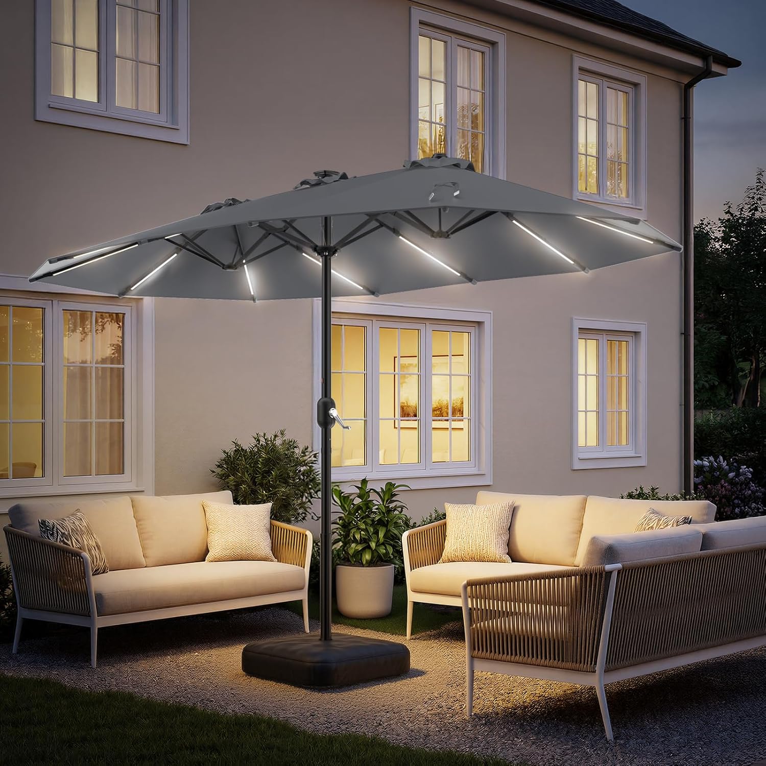 HY41LSB Double Sided Patio Umbrella with Base, 15FT Solar LED Large Outdoor Umbrella