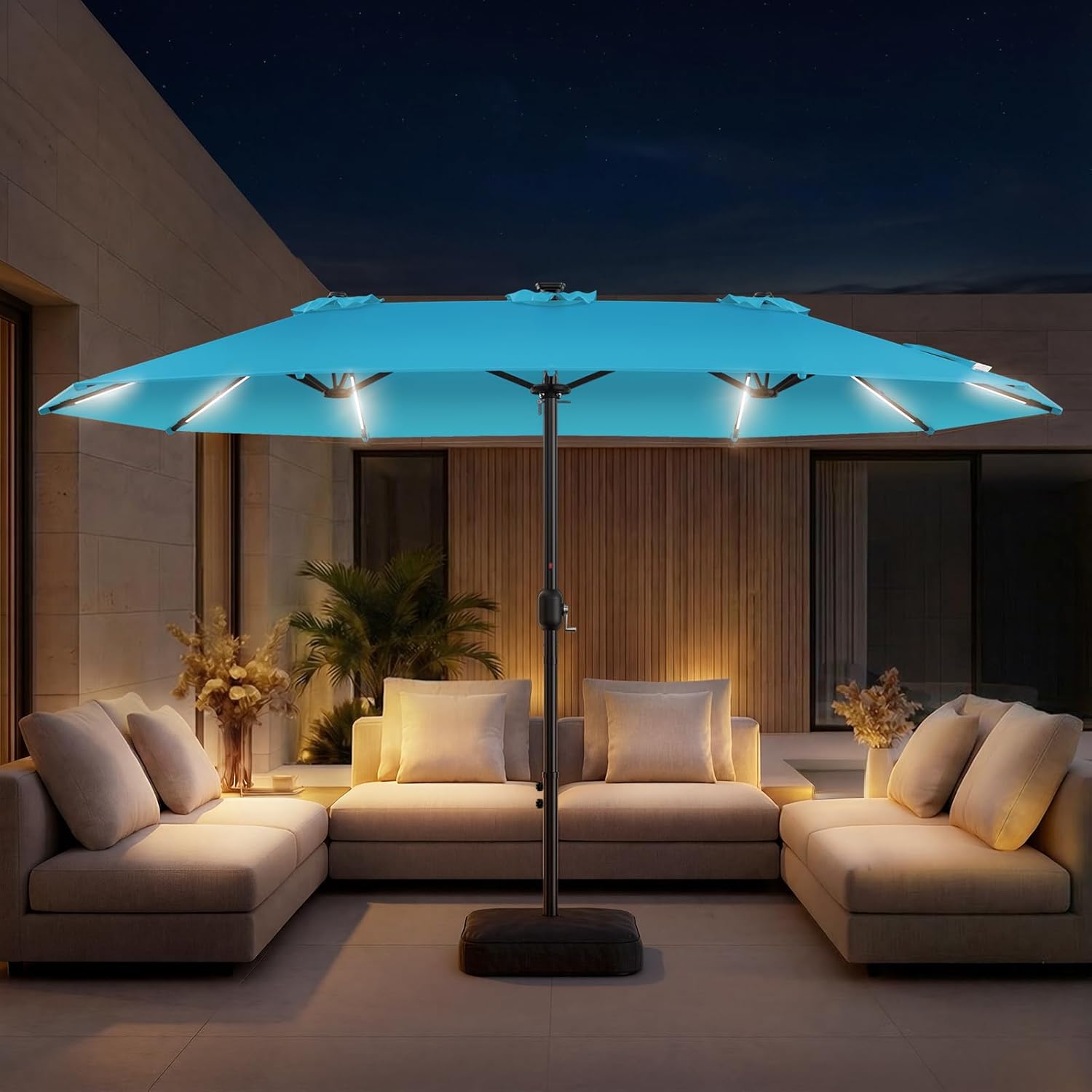 HY41LSB Double Sided Patio Umbrella with Base, 15FT Solar LED Large Outdoor Umbrella