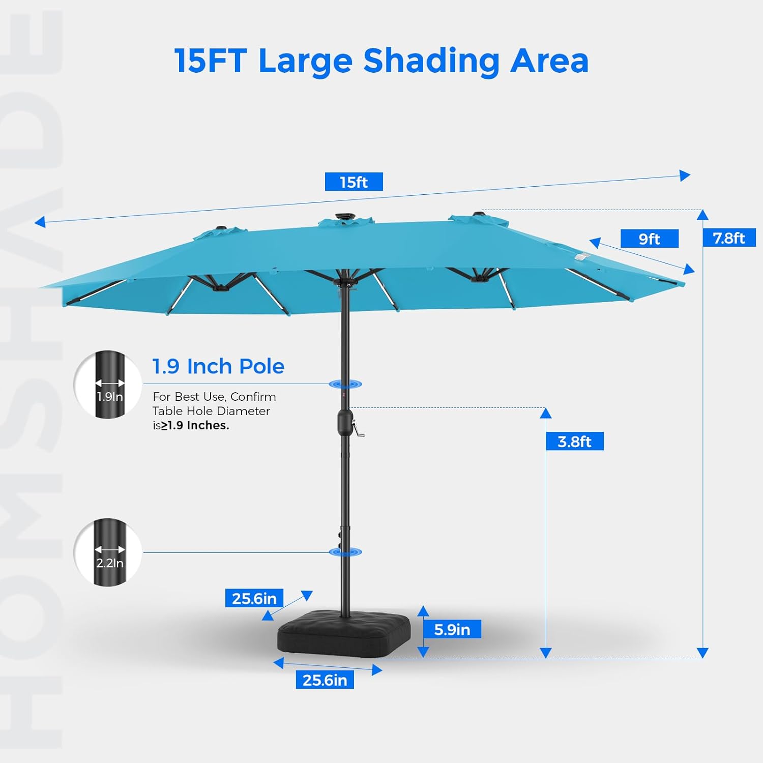 HY41LSB Double Sided Patio Umbrella with Base, 15FT Solar LED Large Outdoor Umbrella