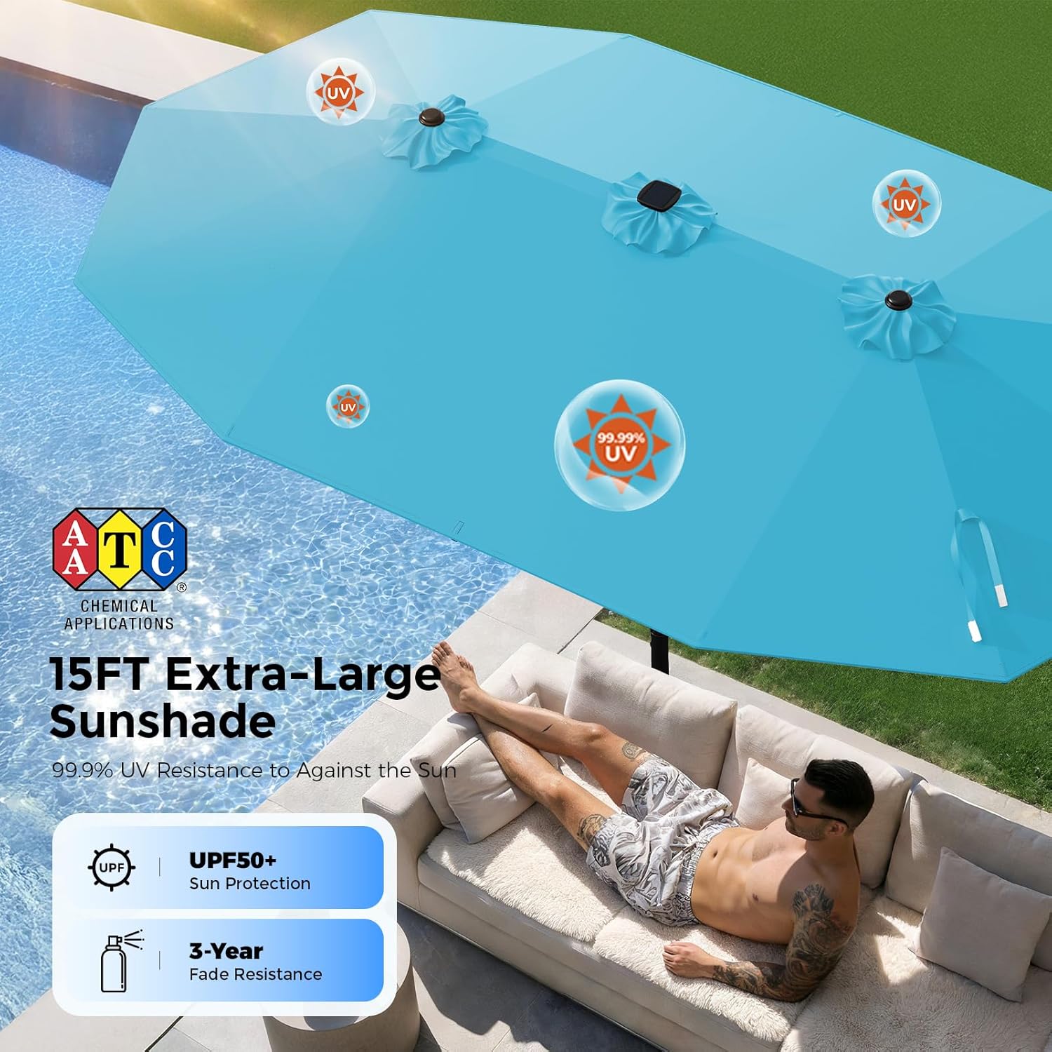 HY41LSB Double Sided Patio Umbrella with Base, 15FT Solar LED Large Outdoor Umbrella