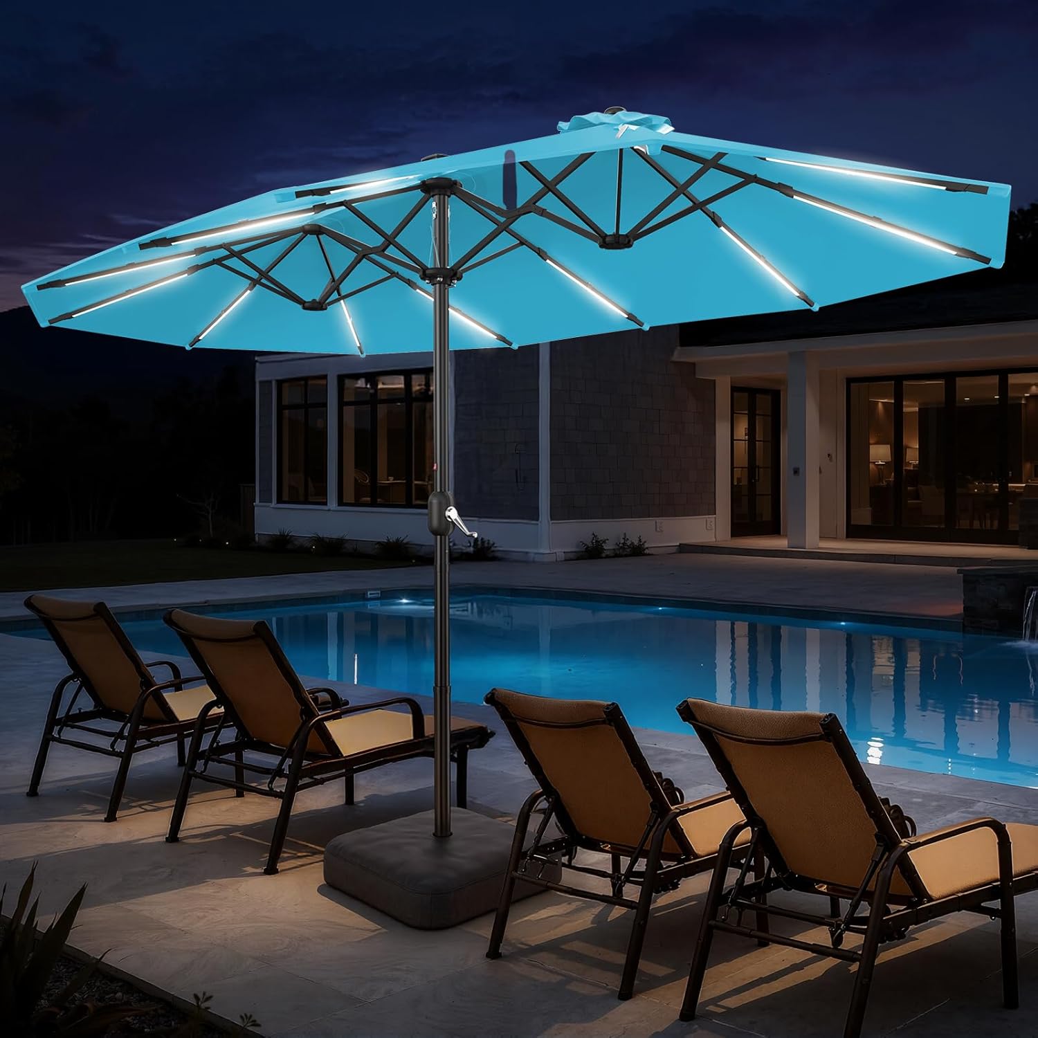 HY41LSB Double Sided Patio Umbrella with Base, 15FT Solar LED Large Outdoor Umbrella