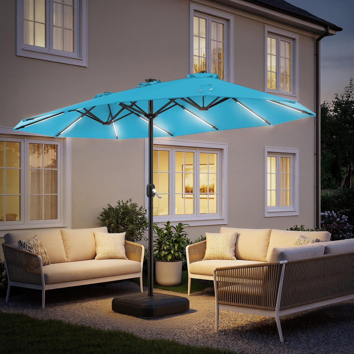 HY41LSB Double Sided Patio Umbrella with Base, 15FT Solar LED Large Outdoor Umbrella