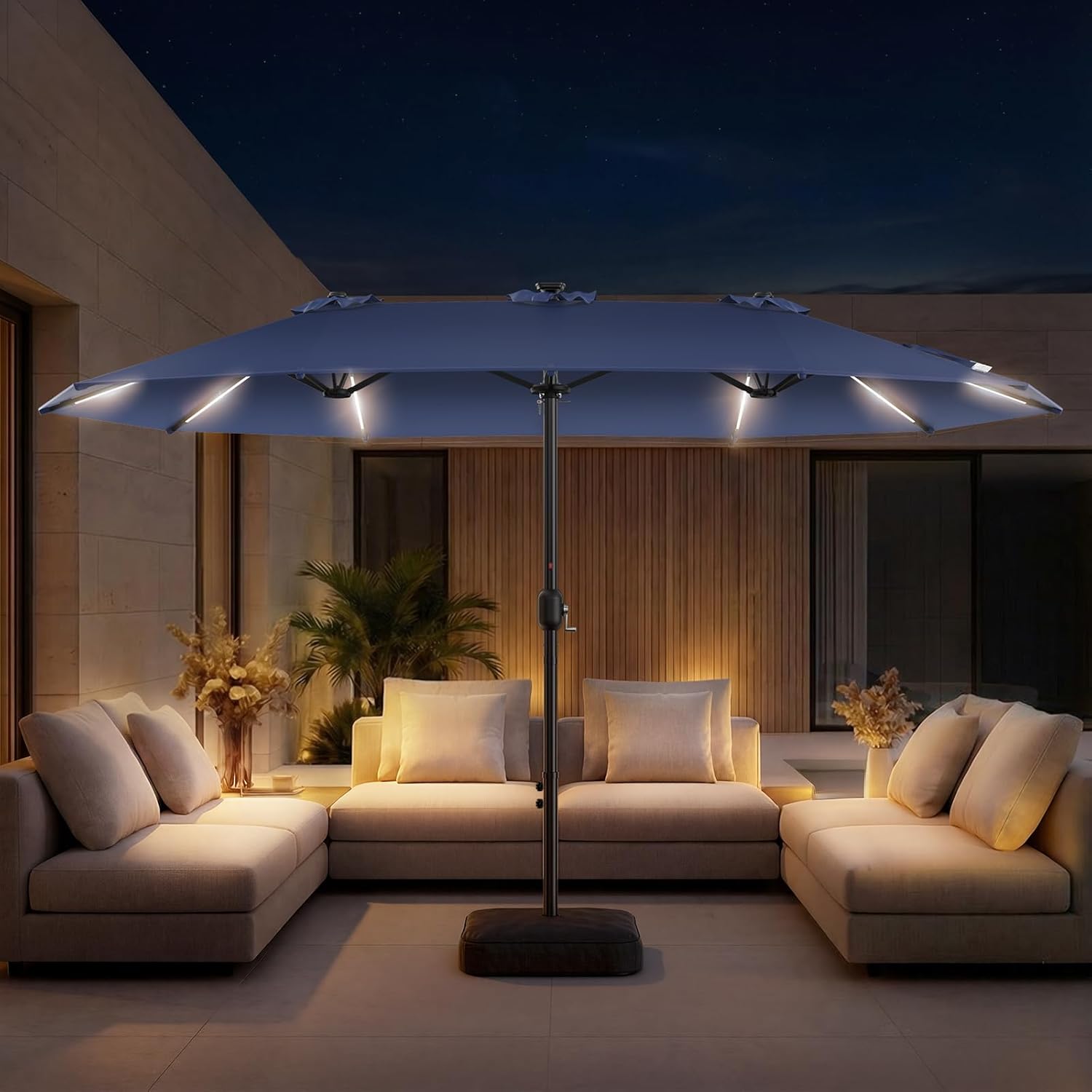 HY41LSB Double Sided Patio Umbrella with Base, 15FT Solar LED Large Outdoor Umbrella