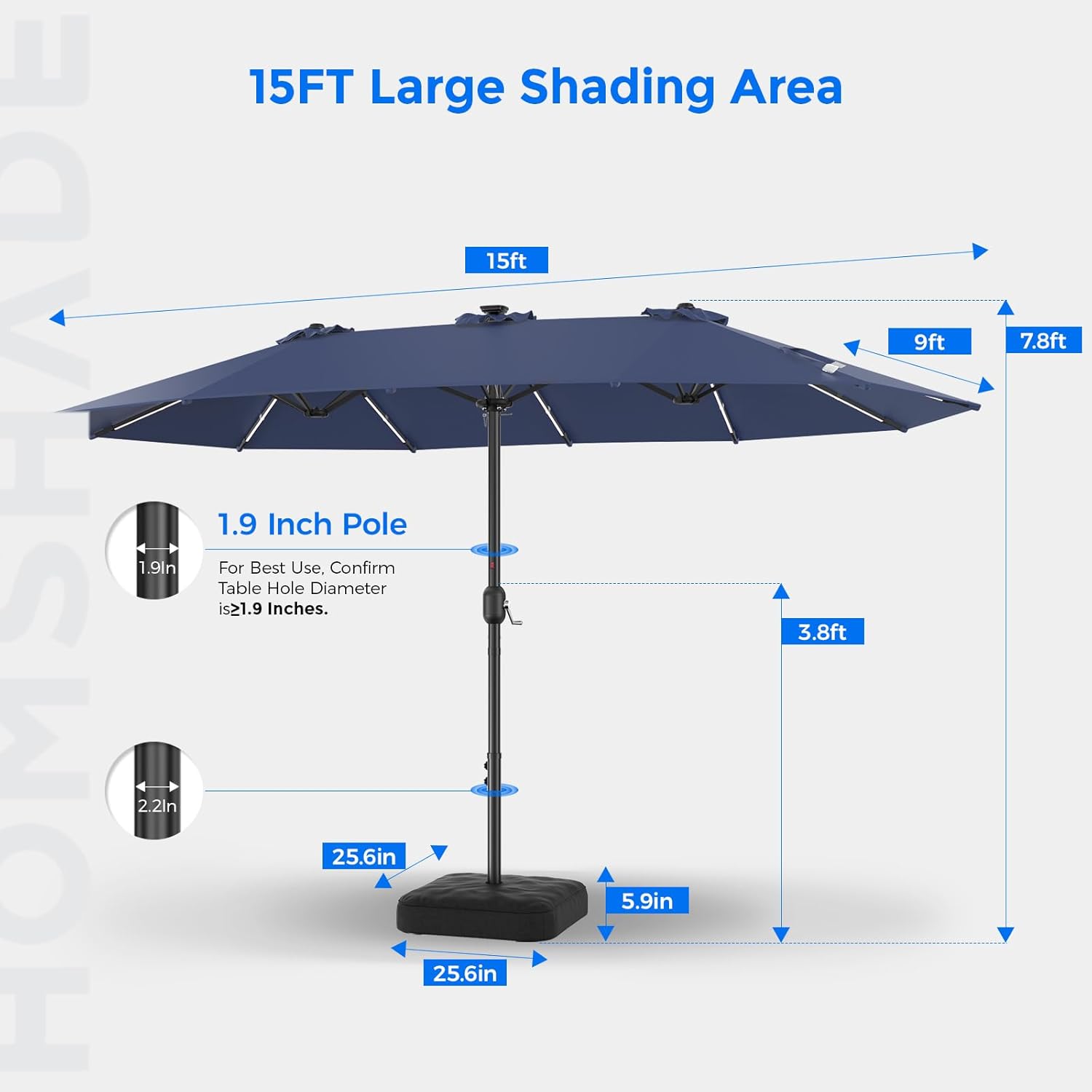 HY41LSB Double Sided Patio Umbrella with Base, 15FT Solar LED Large Outdoor Umbrella