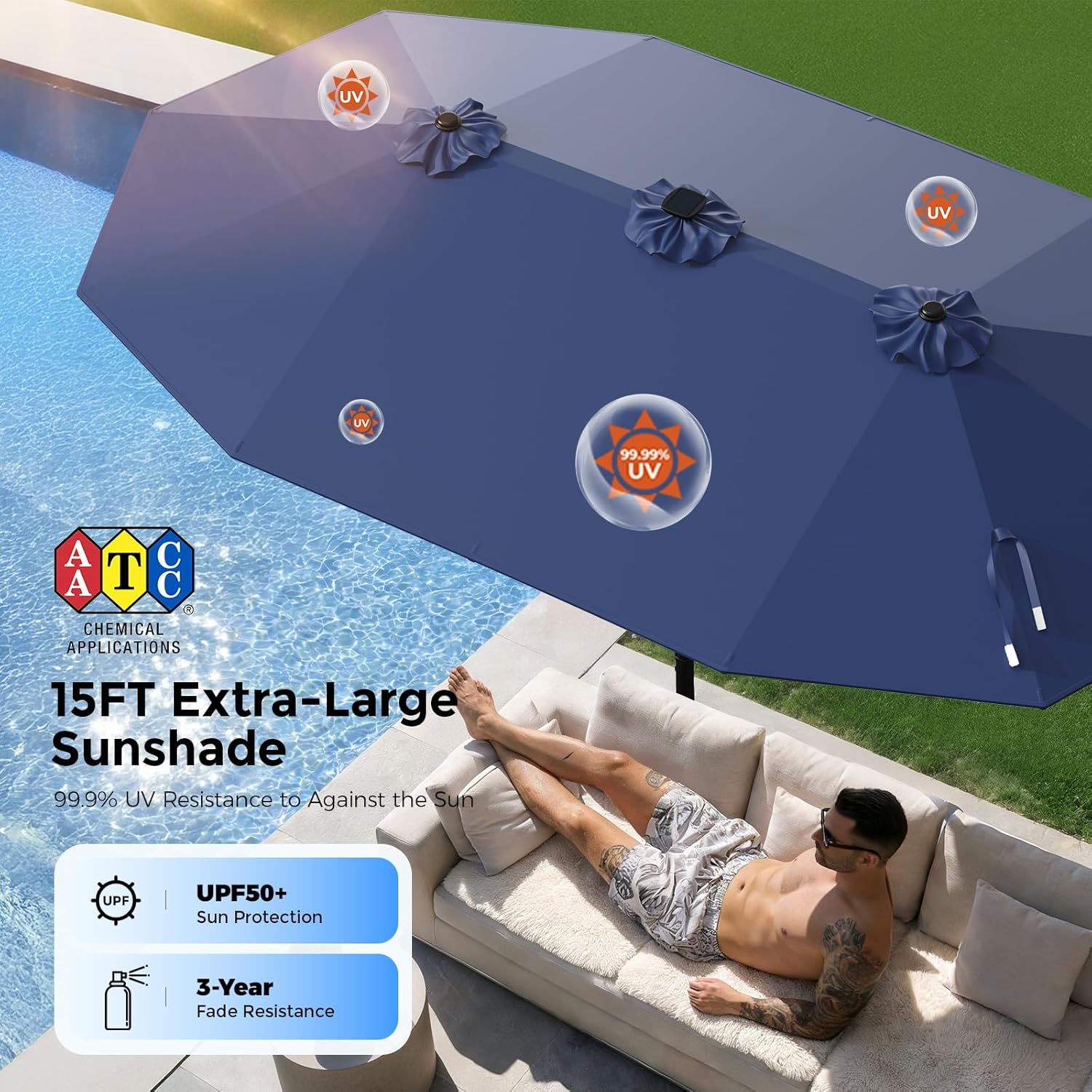 HY41LSB Double Sided Patio Umbrella with Base, 15FT Solar LED Large Outdoor Umbrella