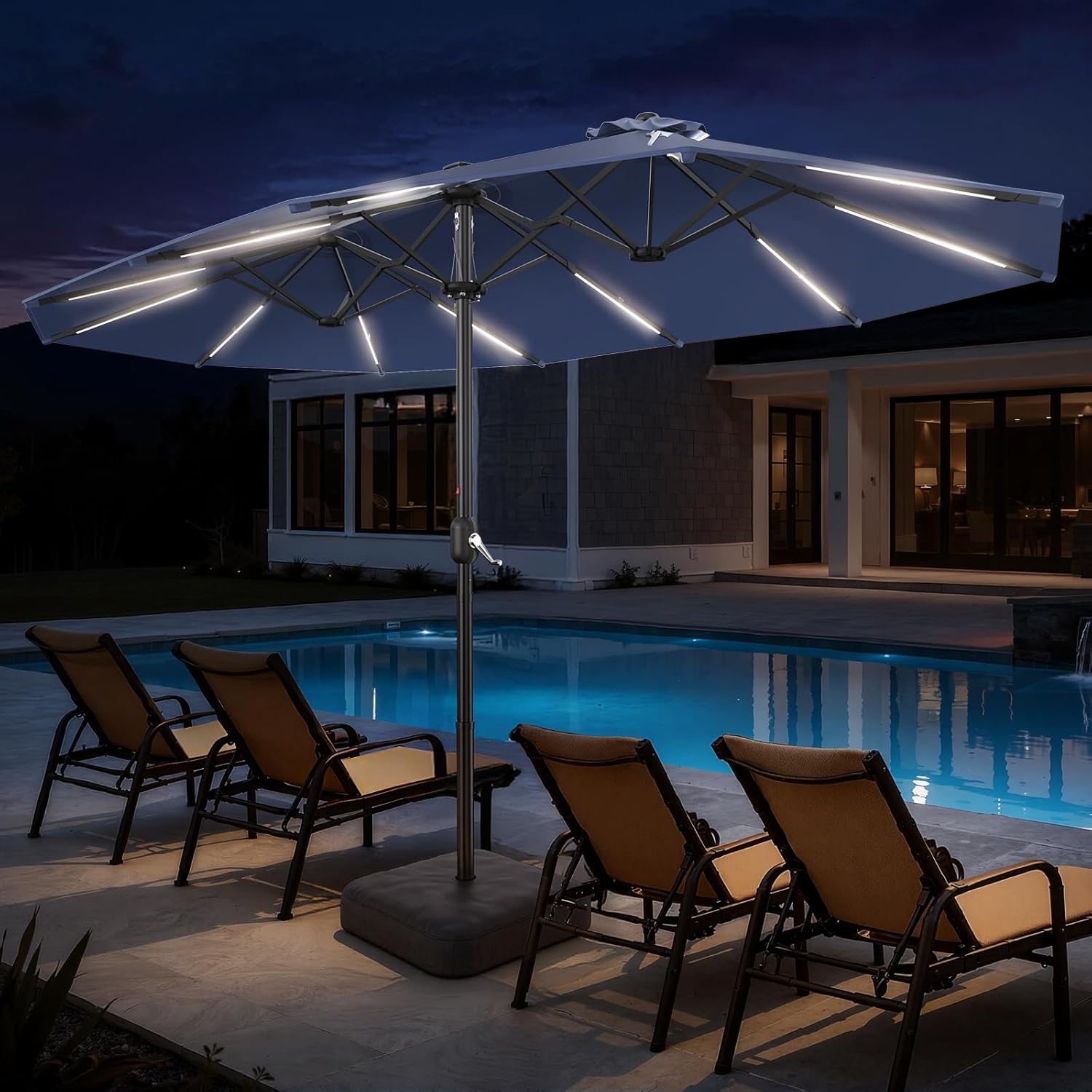 HY41LSB Double Sided Patio Umbrella with Base, 15FT Solar LED Large Outdoor Umbrella