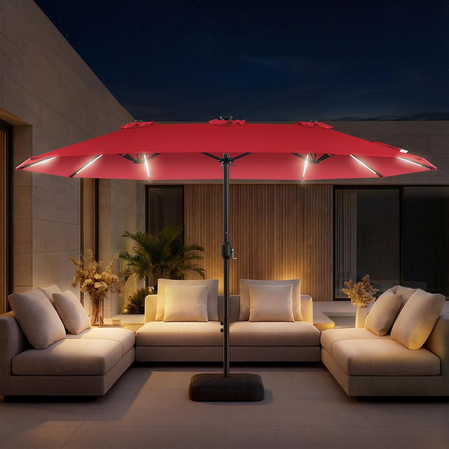 HY41LSB Double Sided Patio Umbrella with Base, 15FT Solar LED Large Outdoor Umbrella