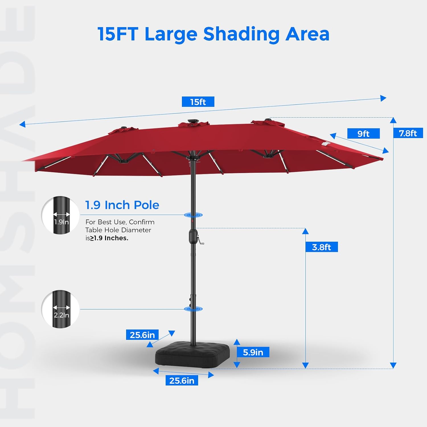 HY41LSB Double Sided Patio Umbrella with Base, 15FT Solar LED Large Outdoor Umbrella